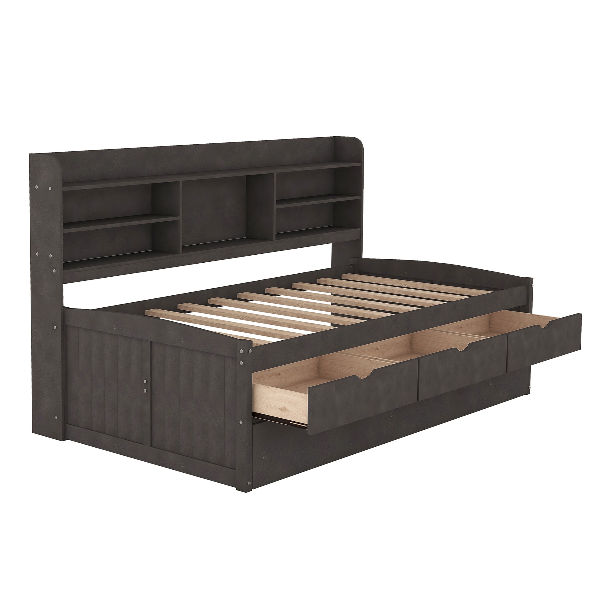 Dark gray wood daybed with bookcase headboard and three drawers open