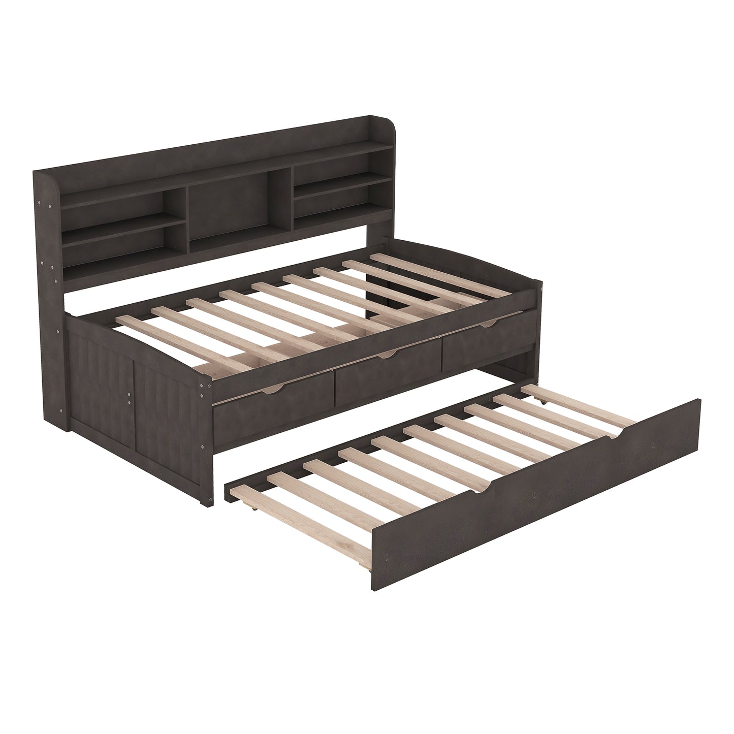 Dark brown wooden daybed with storage drawers and pullout trundle