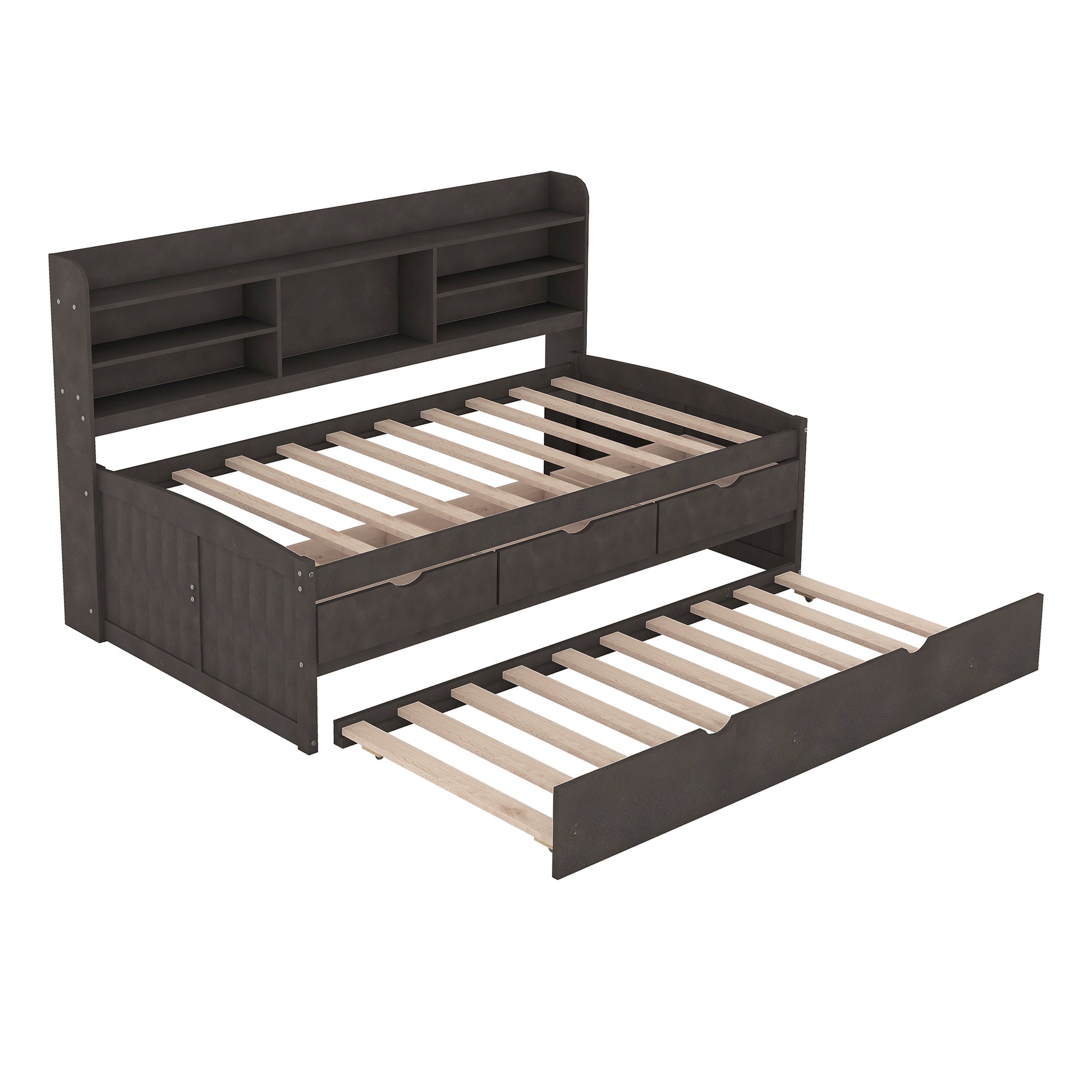 Dark brown wooden daybed with storage drawers and pullout trundle