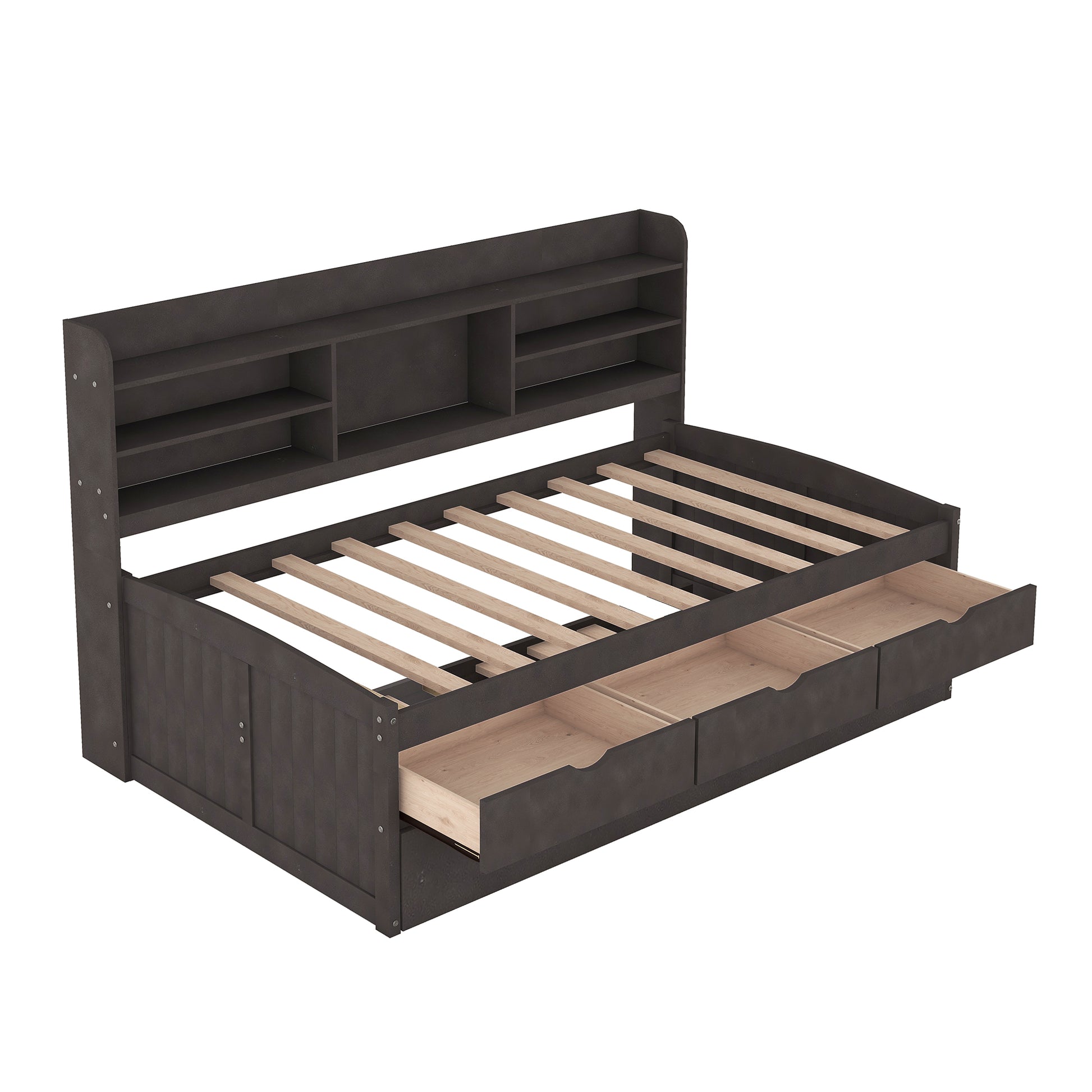 Dark brown wooden daybed with three storage drawers and bookshelf headboard