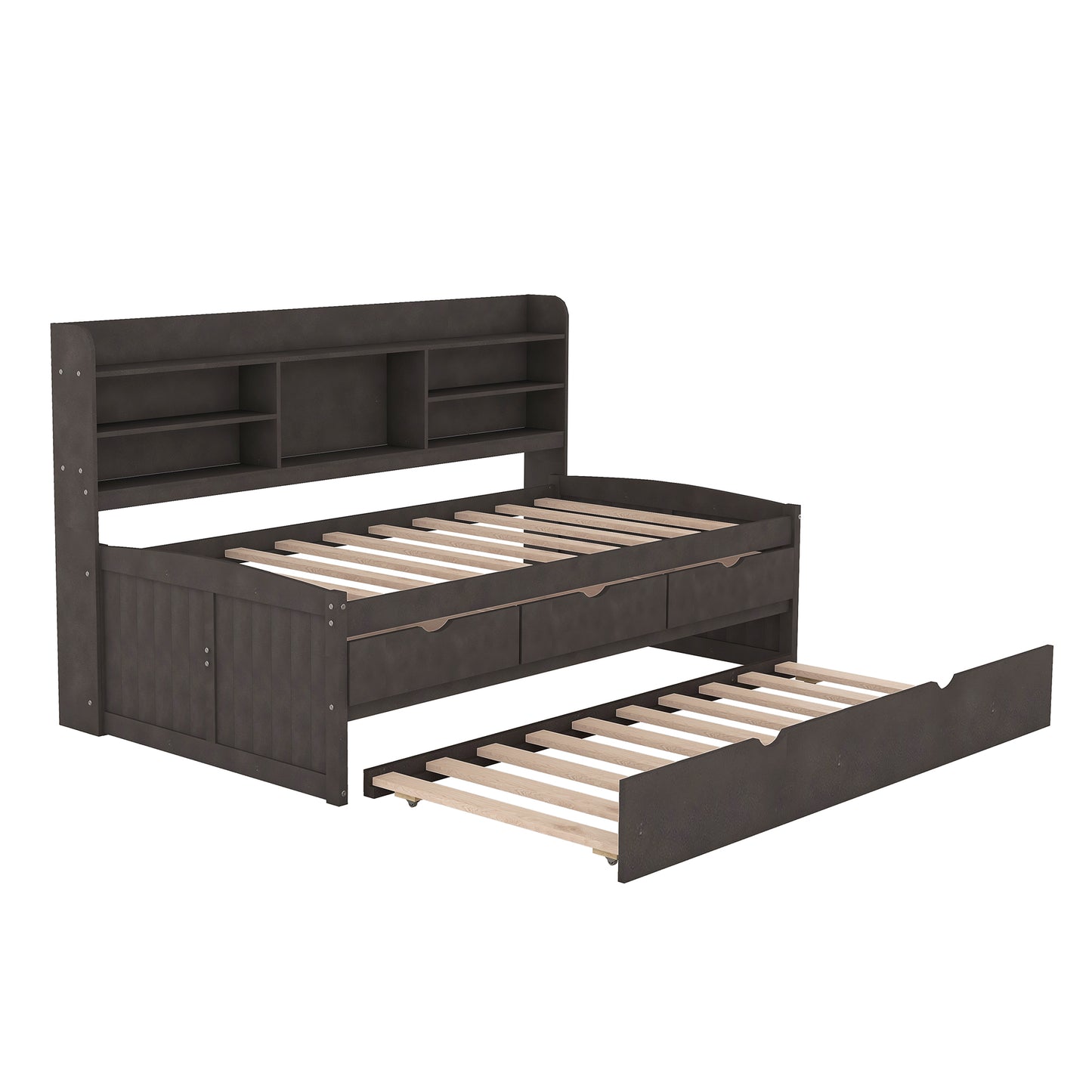Dark espresso daybed with bookcase headboard and pullout trundle