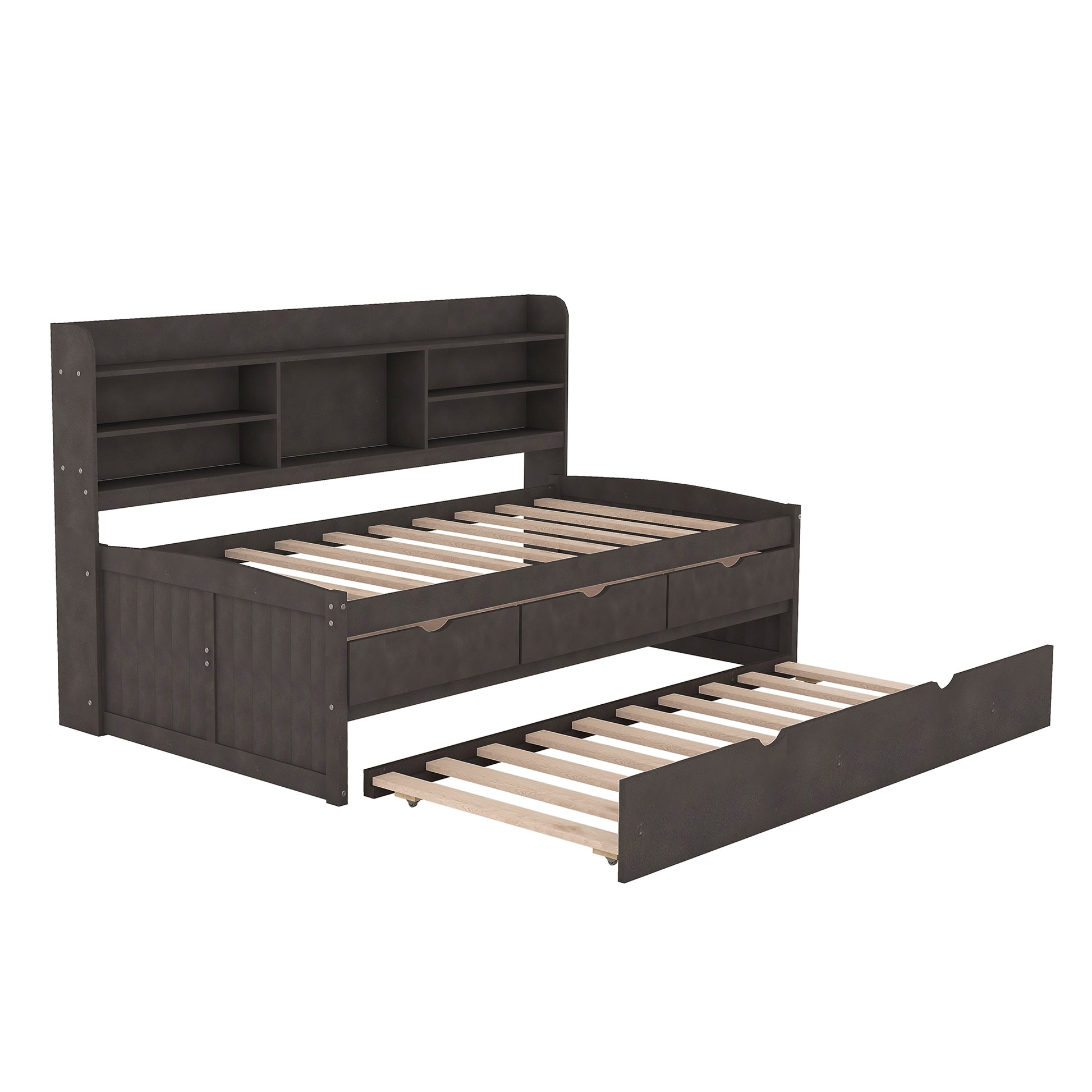 Dark espresso daybed with bookcase headboard and pullout trundle
