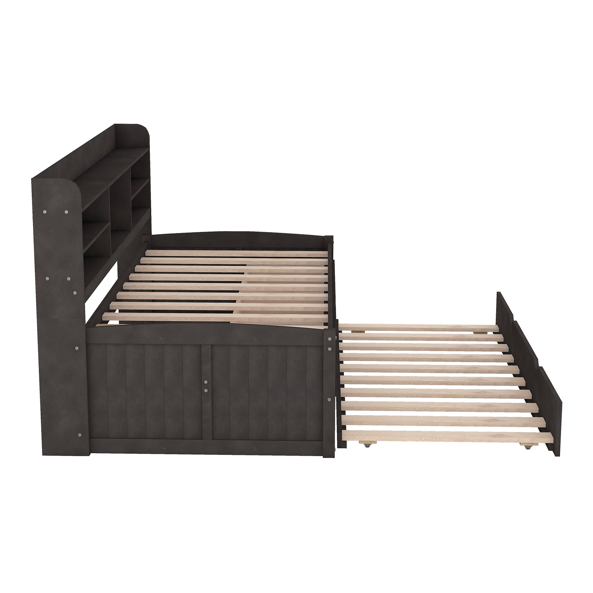 Dark grey twin size daybed with pullout trundle and attached bookcase