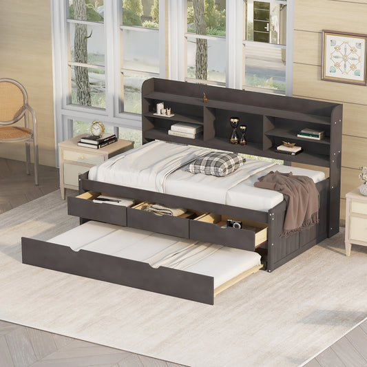 Dark gray wood twin daybed with storage drawers and pullout trundle