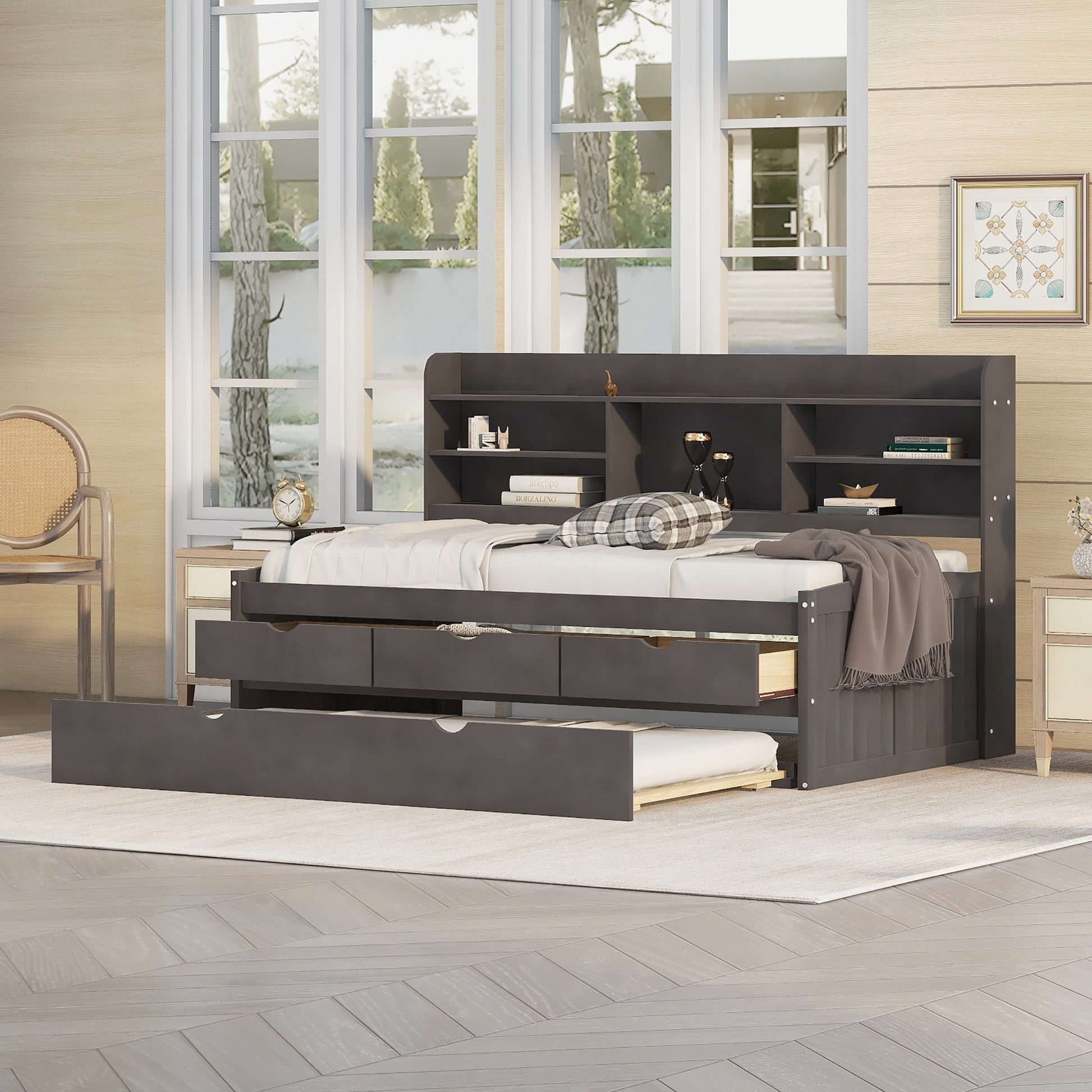 Dark gray twin daybed with trundle and builtin bookcase headboard