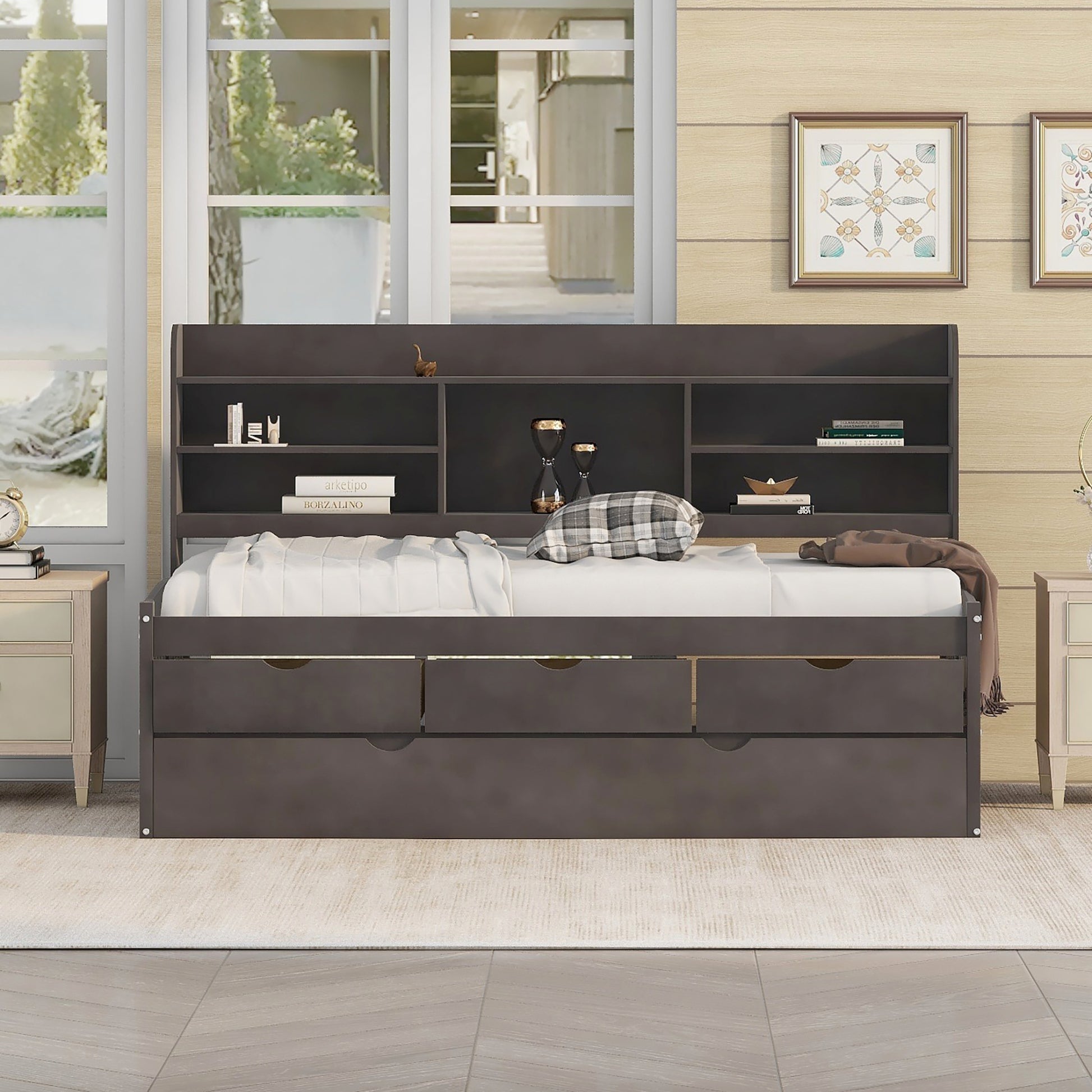Dark gray wood daybed with builtin shelving and six storage drawers