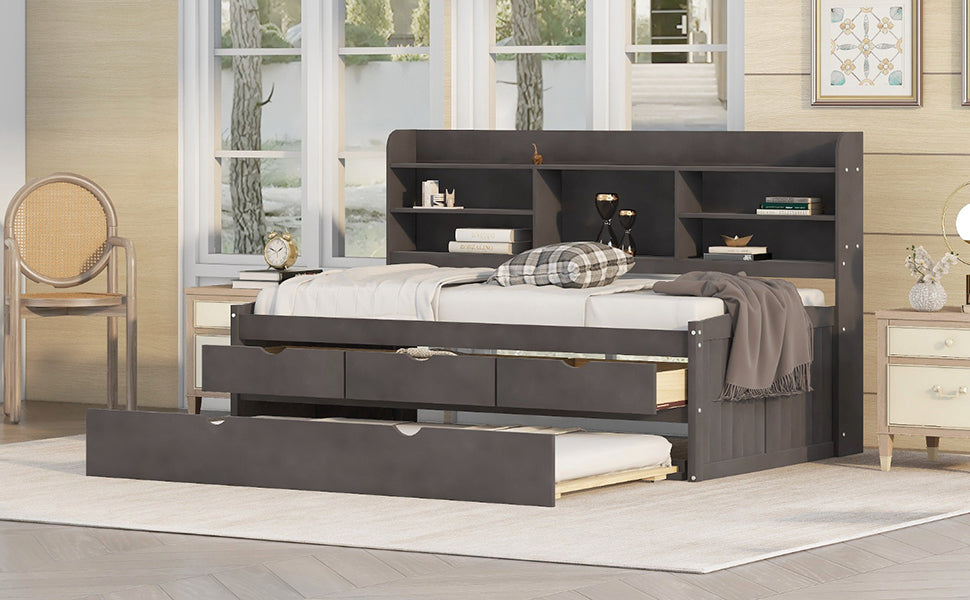 Dark grey twin daybed with trundle and bookcase headboard