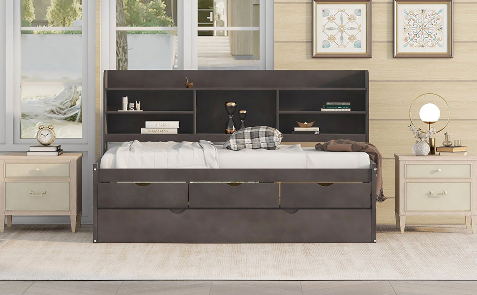 Dark grey twin daybed with builtin shelves and three storage drawers