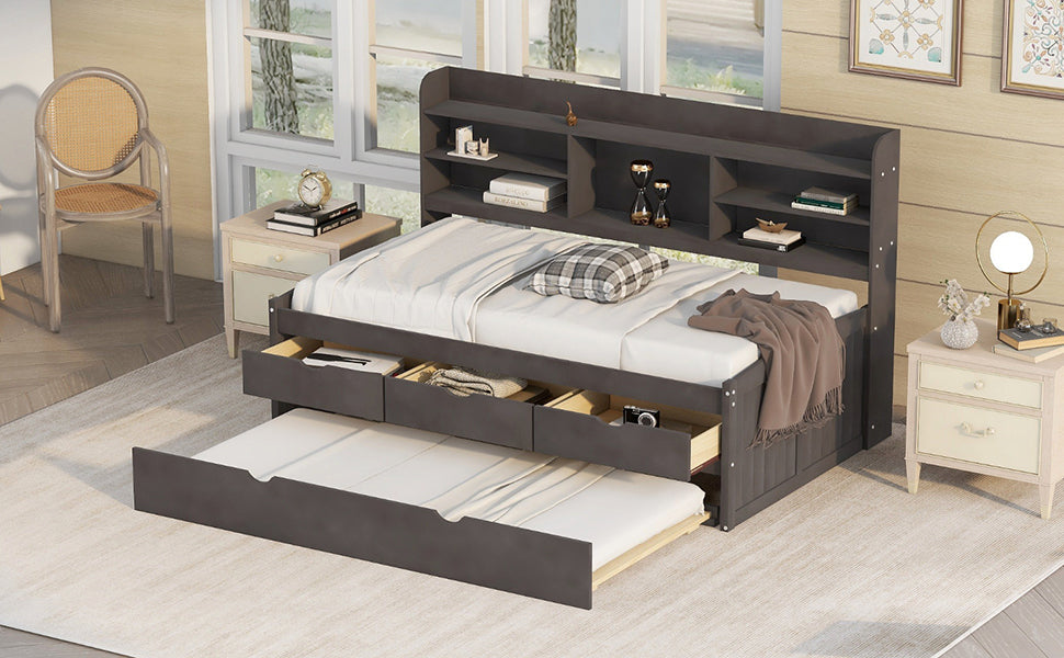 Dark grey daybed with pullout trundle and storage drawers
