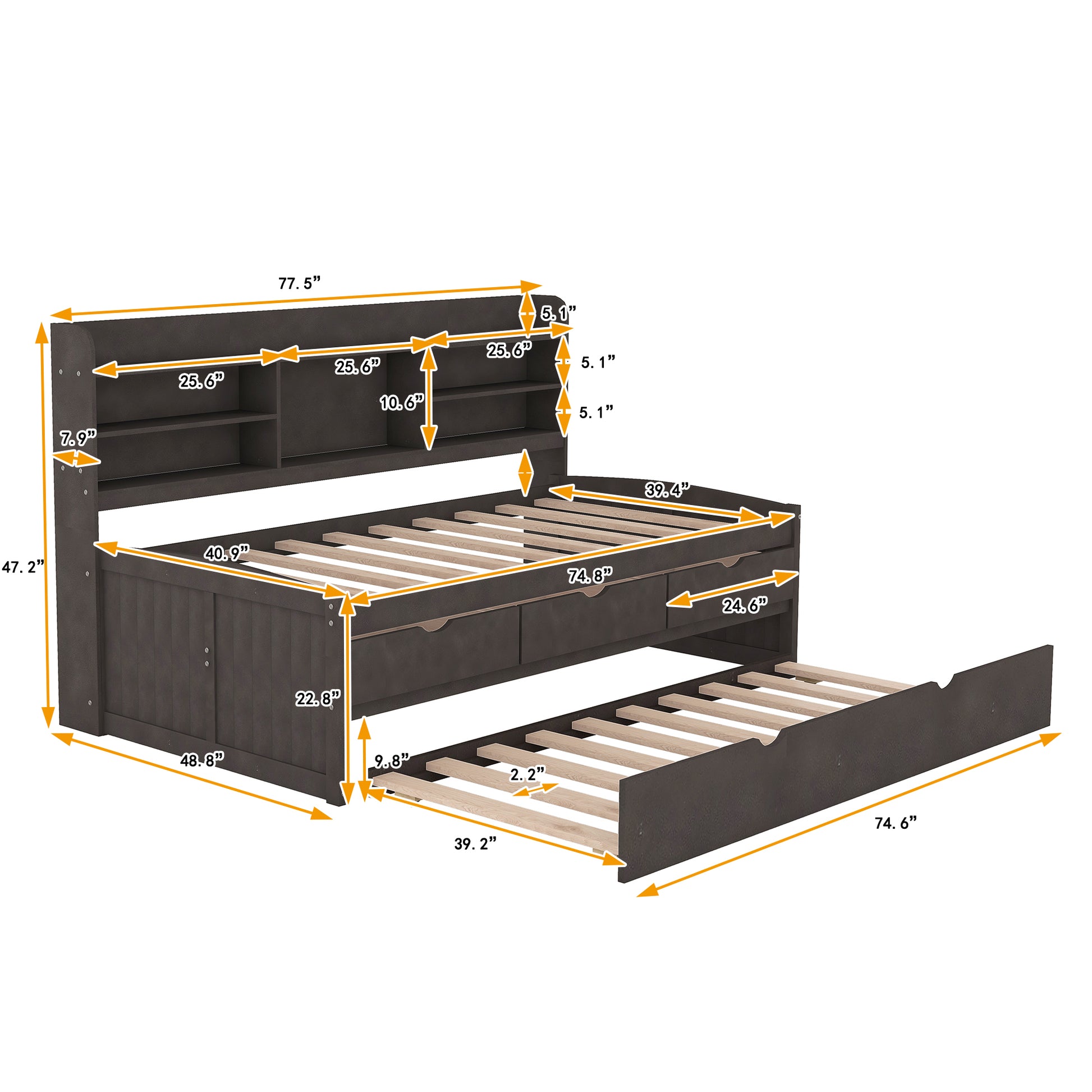 Dark gray daybed with pullout trundle and builtin shelves