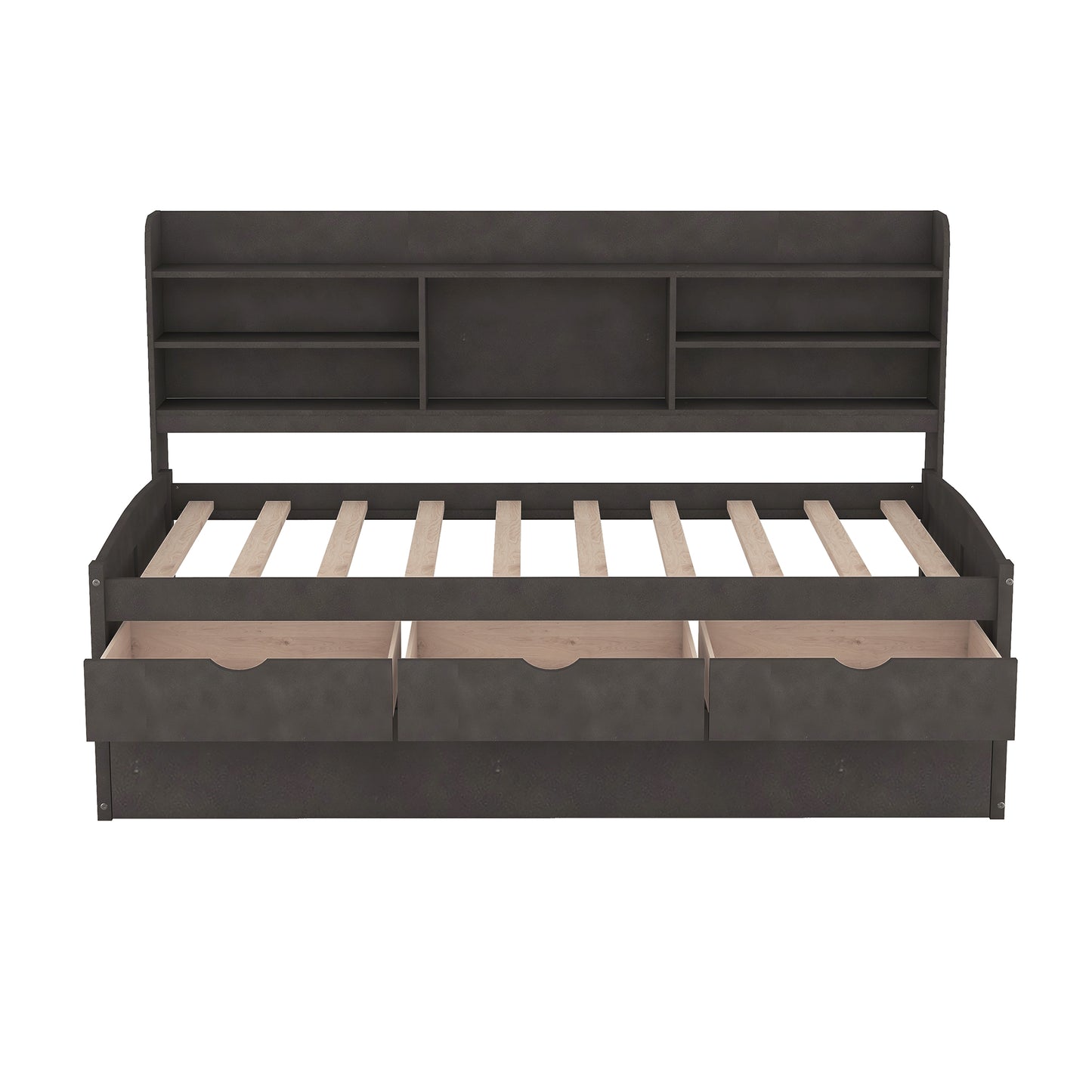 Dark grey daybed with three storage drawers and a bookshelf headboard