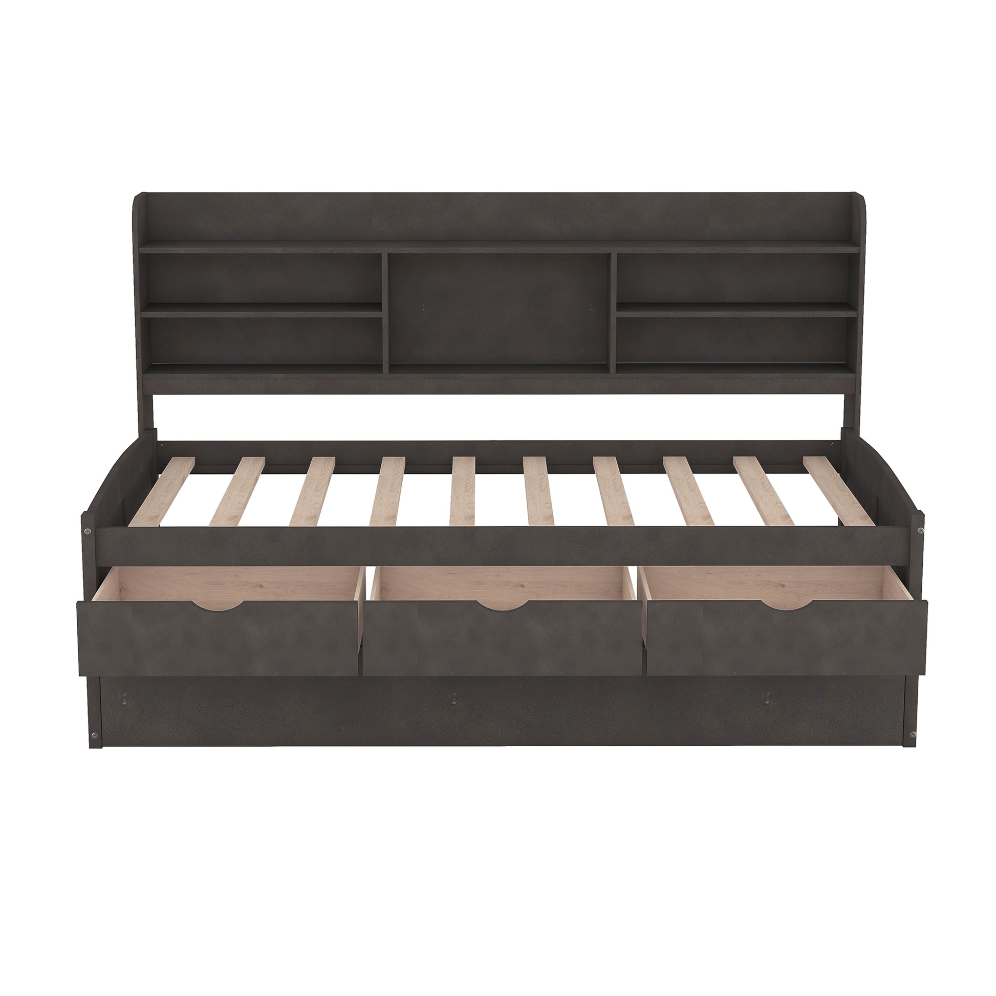 Dark grey daybed with three storage drawers and a bookshelf headboard