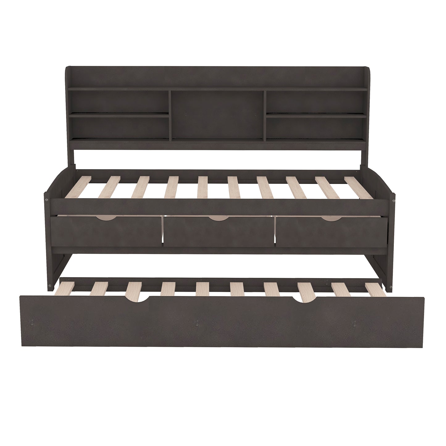 Dark brown wooden daybed with trundle and builtin headboard shelves