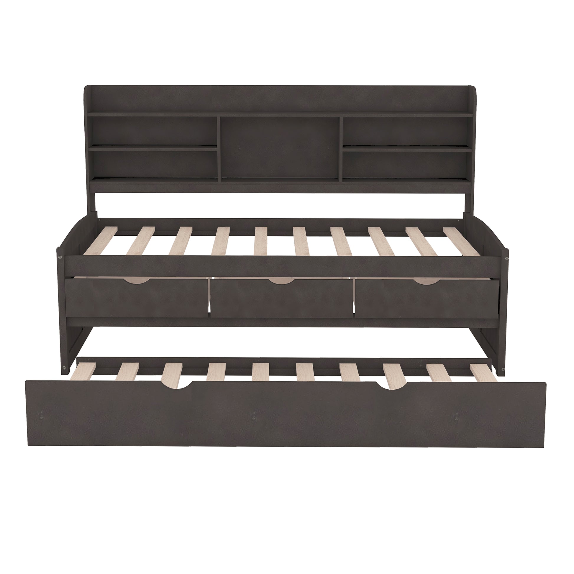 Dark brown wooden daybed with trundle and builtin headboard shelves