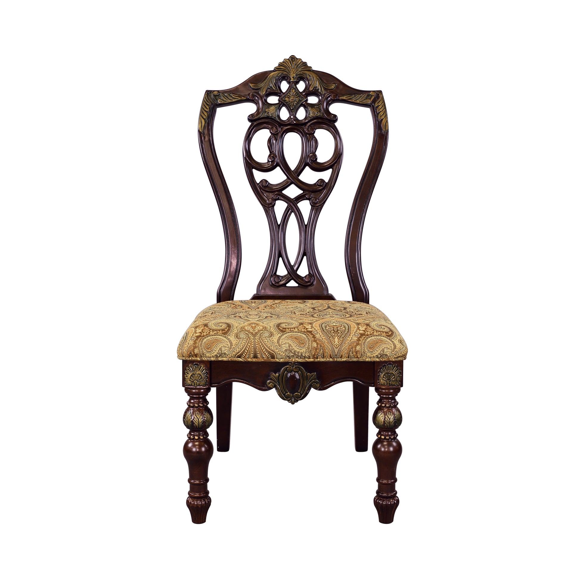 Elegant dark wood dining chair with ornate carved backrest and gold paisley upholstered seat