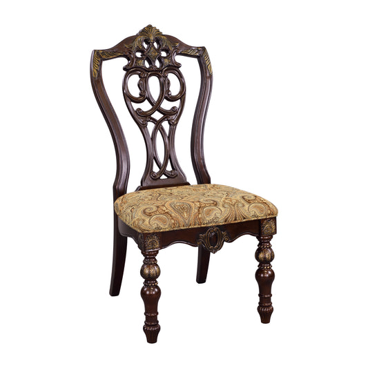 Ornate dark wood dining chair with upholstered paisley seat