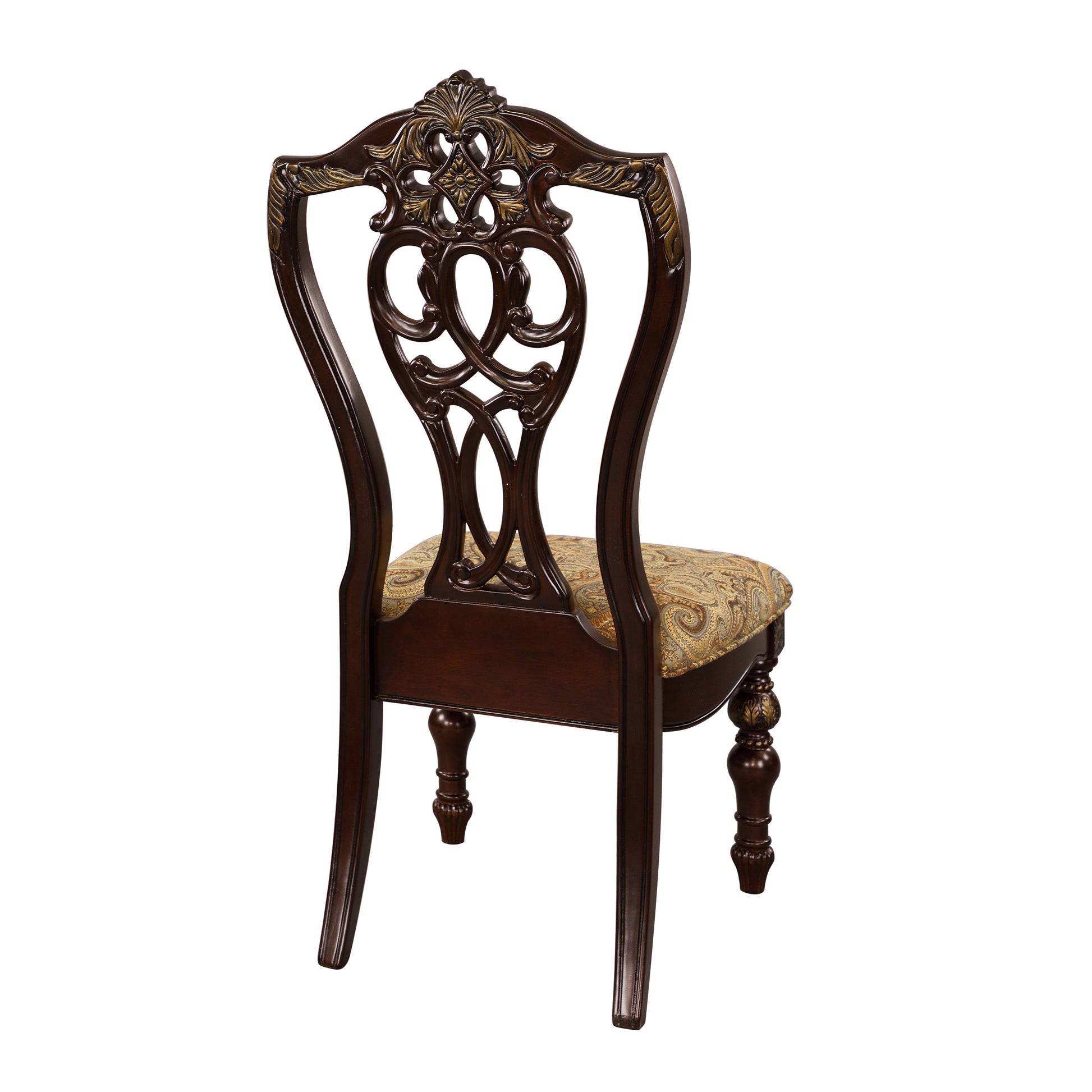 Dark wood accent chair with ornate carved back and patterned seat