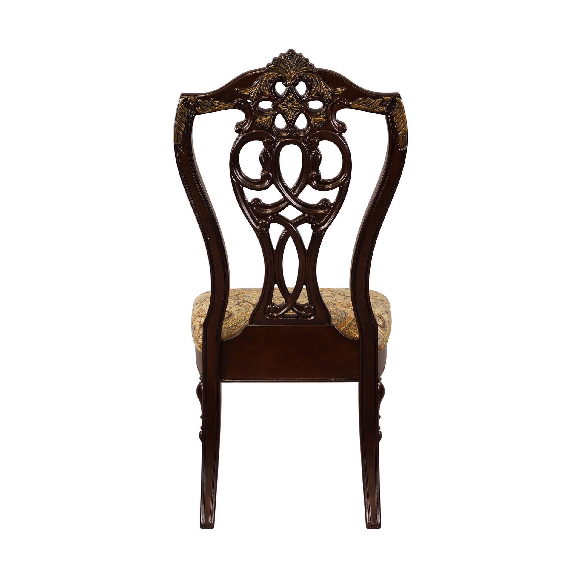 Dark brown ornate wooden dining chair with a gold and cream patterned seat