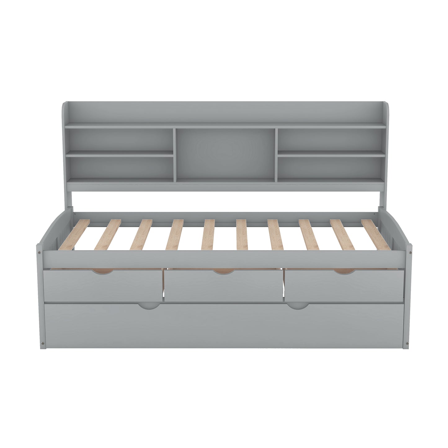 Grey daybed with three drawers and an overhead shelf unit