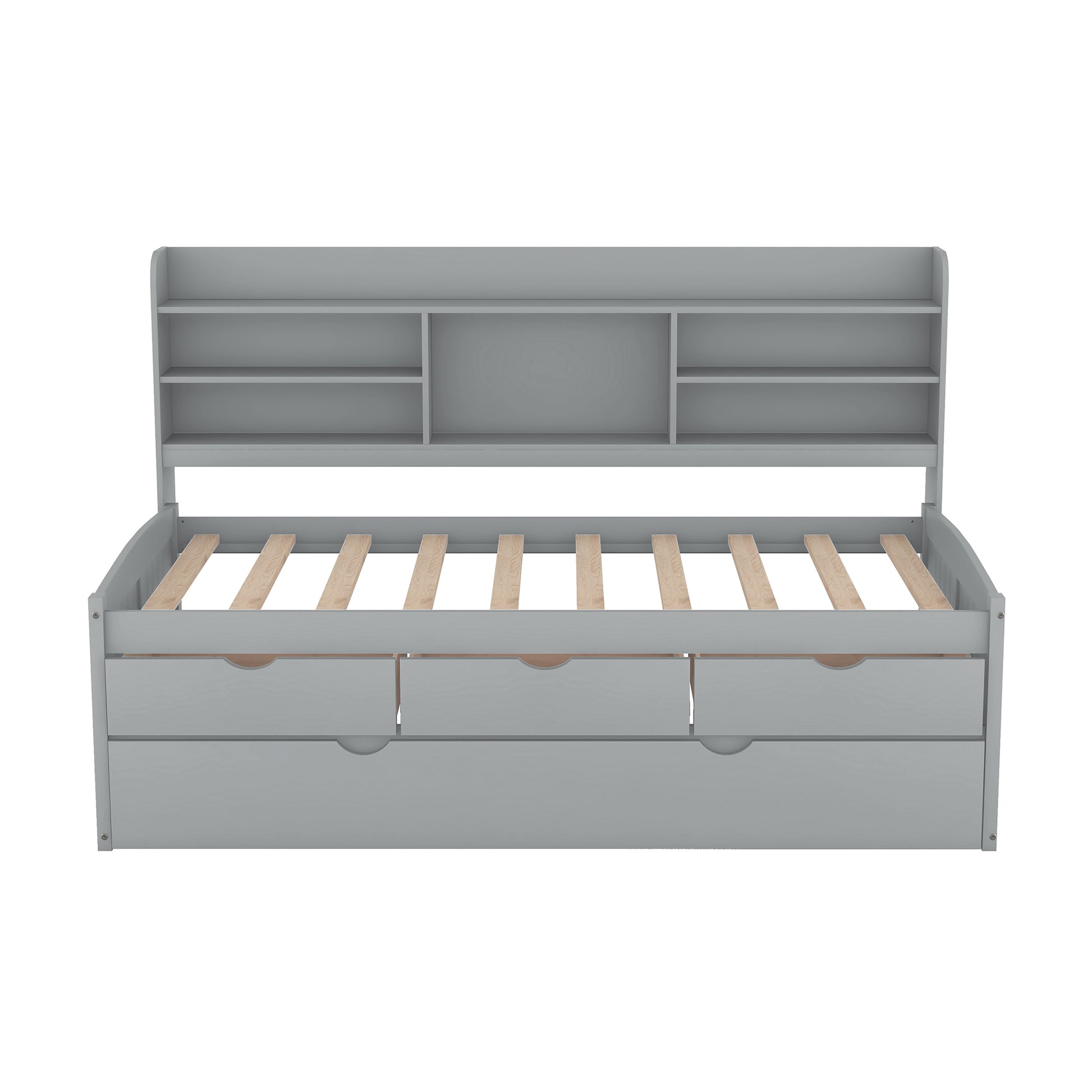 Grey daybed with three drawers and an overhead shelf unit
