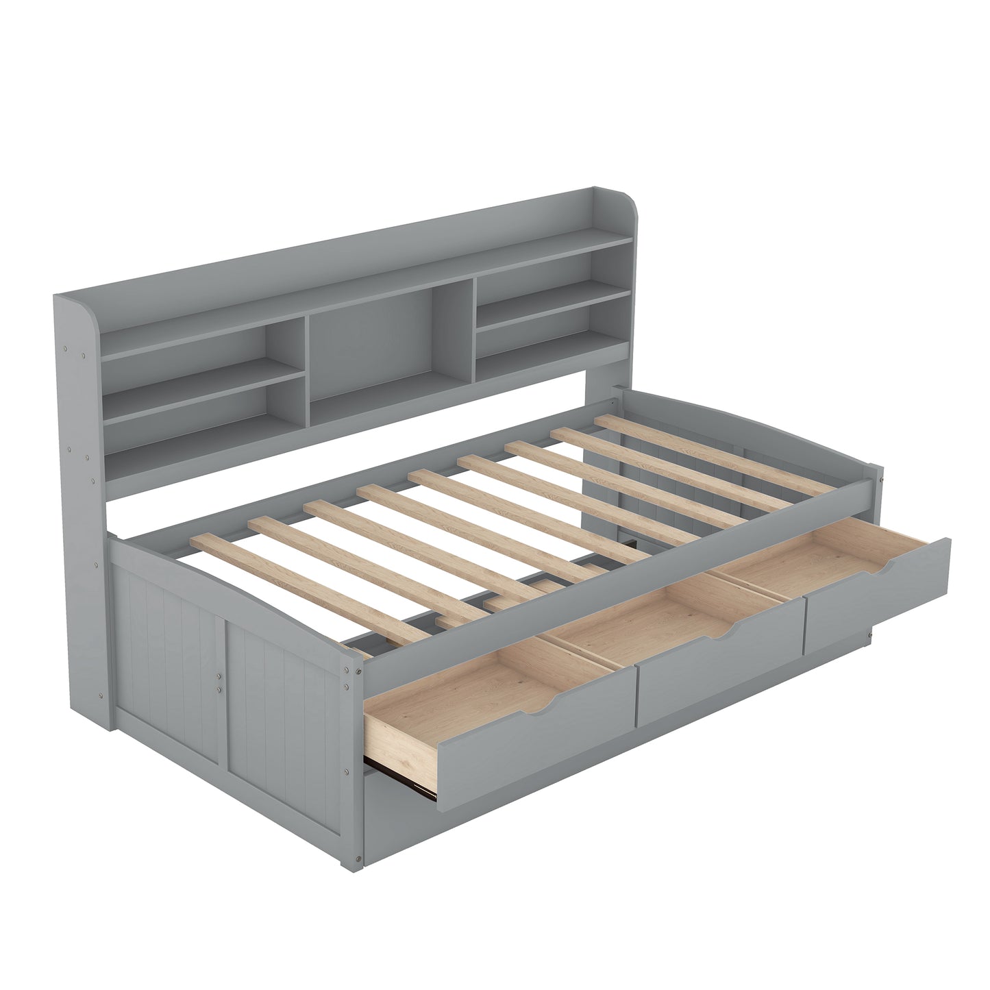 Gray wooden daybed with three storage drawers and a bookcase headboard