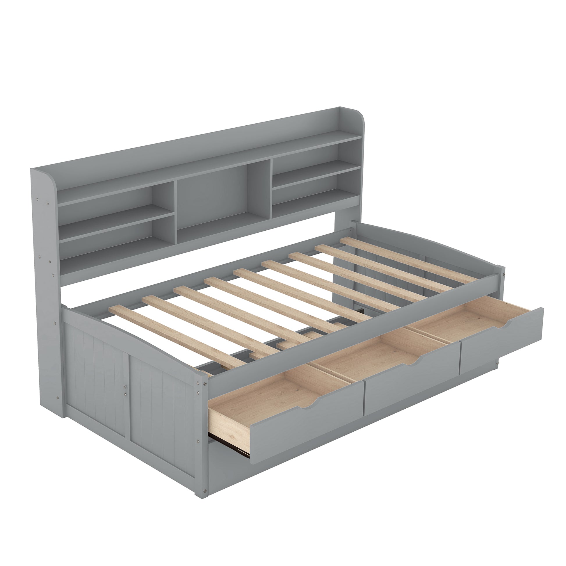 Gray wooden daybed with three storage drawers and a bookcase headboard