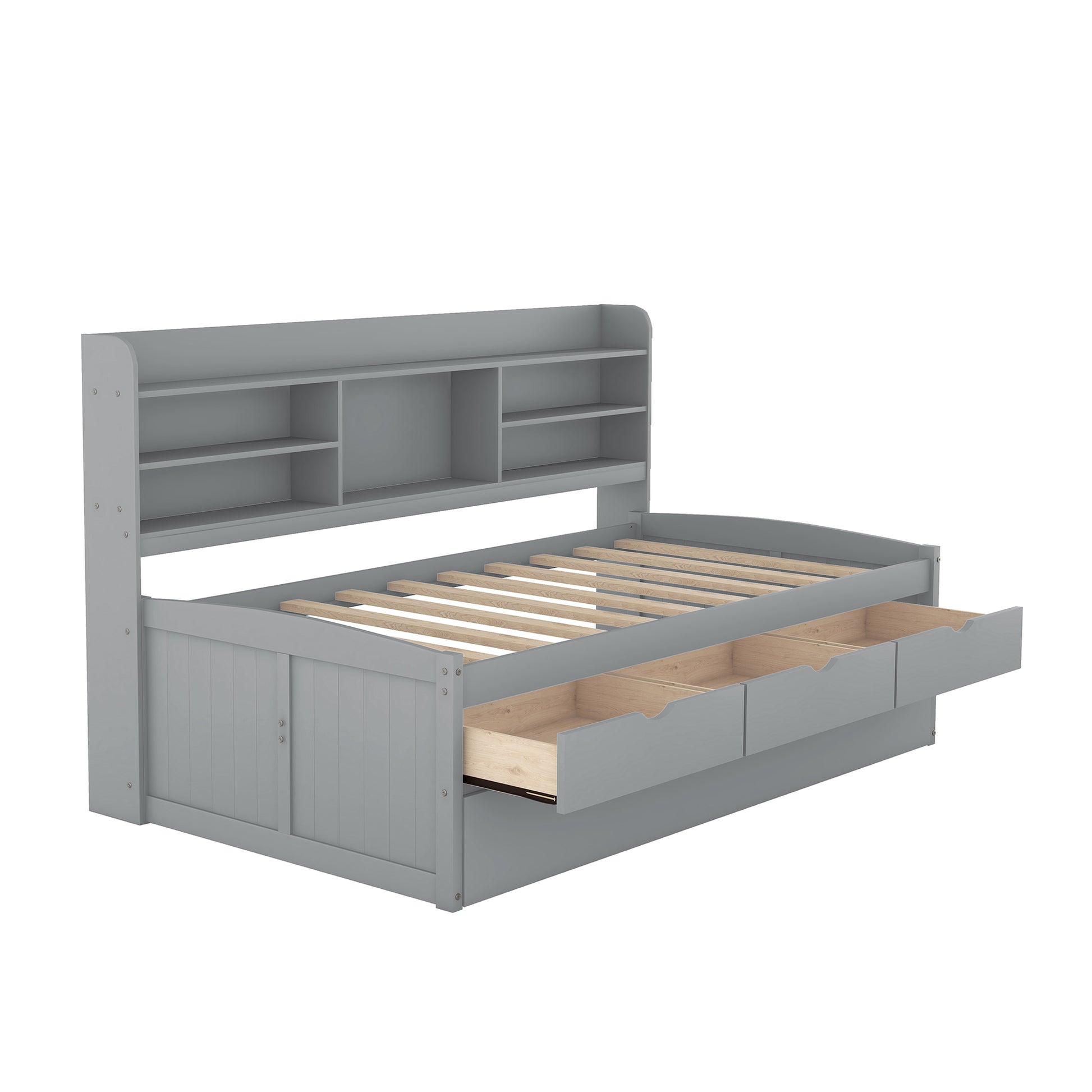 Grey wood twin daybed with bookcase headboard and three storage drawers