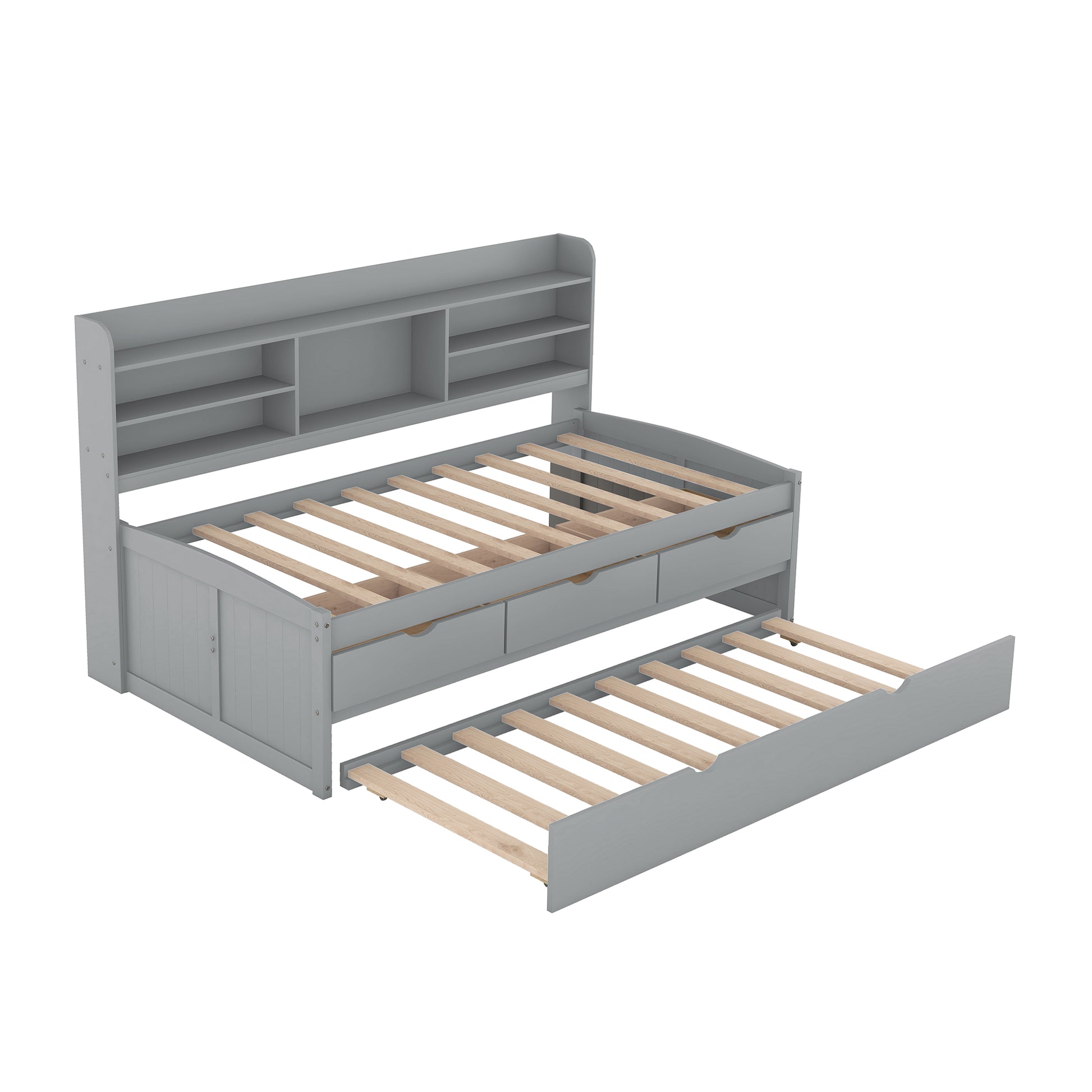 Gray wooden daybed with pullout trundle and builtin shelves
