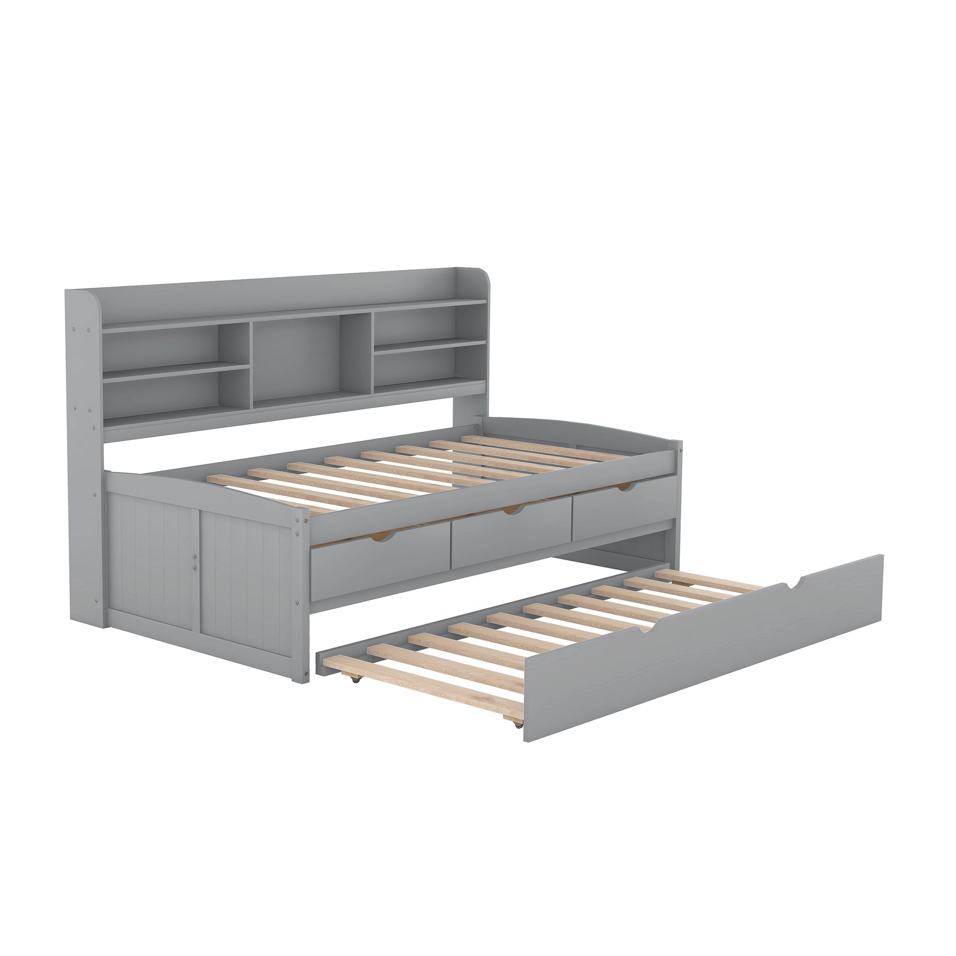 Gray wooden daybed with three storage drawers and a pullout trundle bed