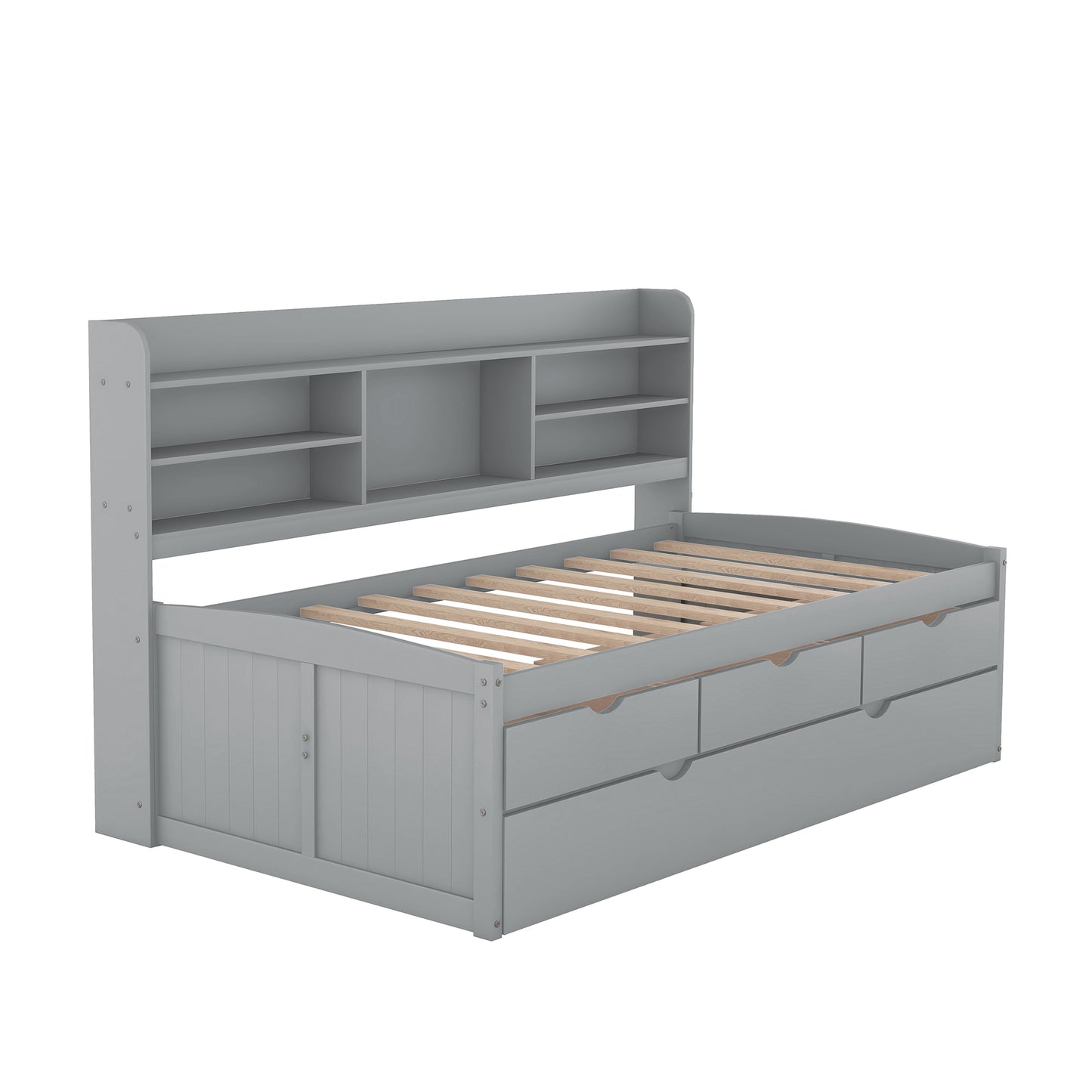 Grey twin bed frame with integrated storage drawers and a bookshelf headboard