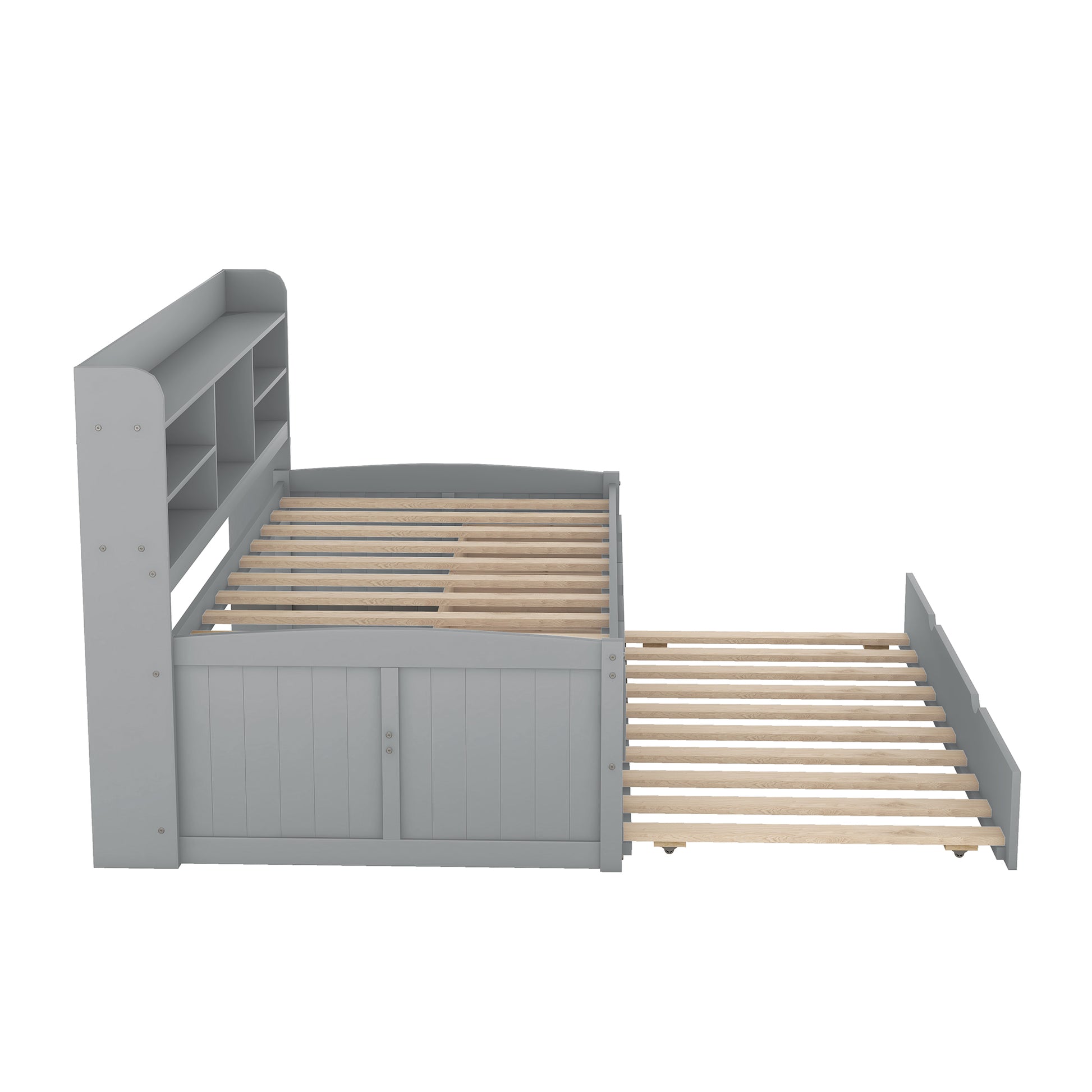 Grey twin daybed with pullout trundle and attached bookcase