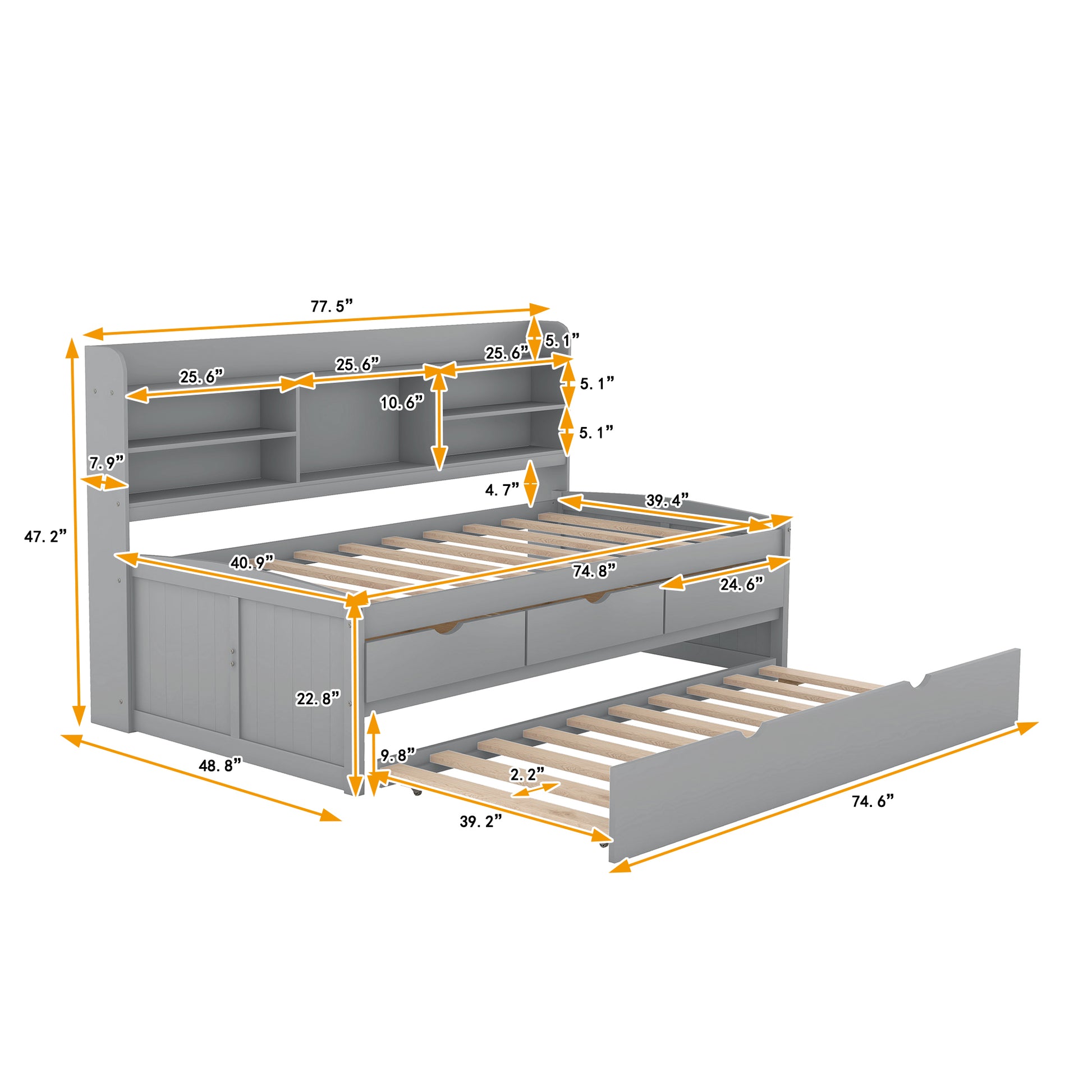 Gray daybed with pullout trundle and builtin shelves showcasing dimensions