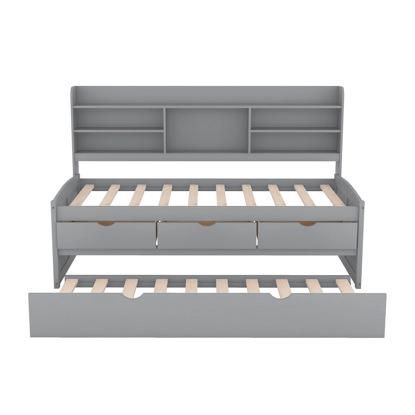 Grey daybed with bookcase headboard and three storage drawers
