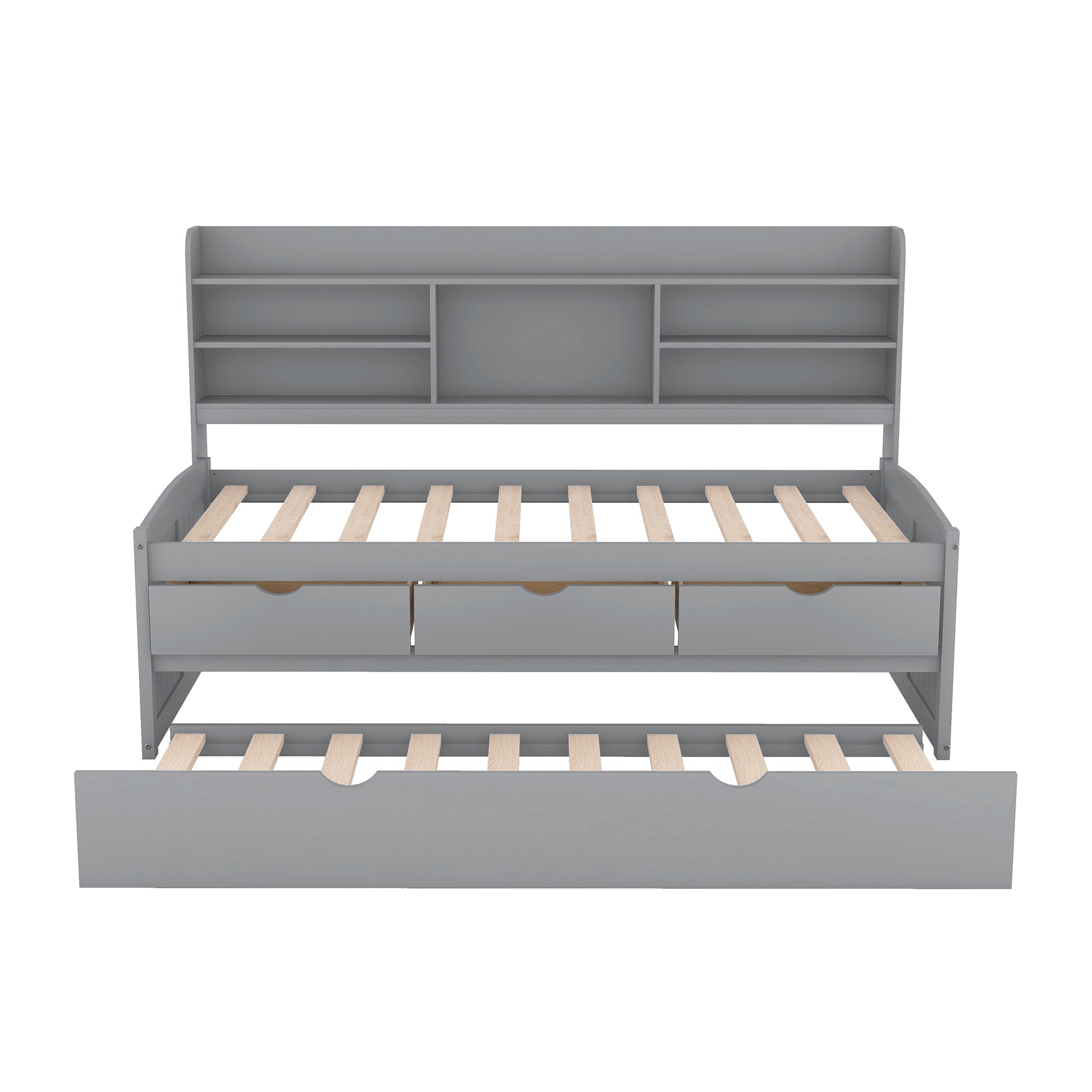 Grey daybed with bookcase headboard and three storage drawers