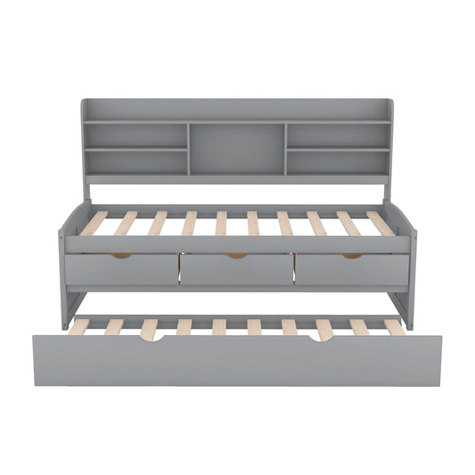 Grey daybed with bookcase headboard and three storage drawers