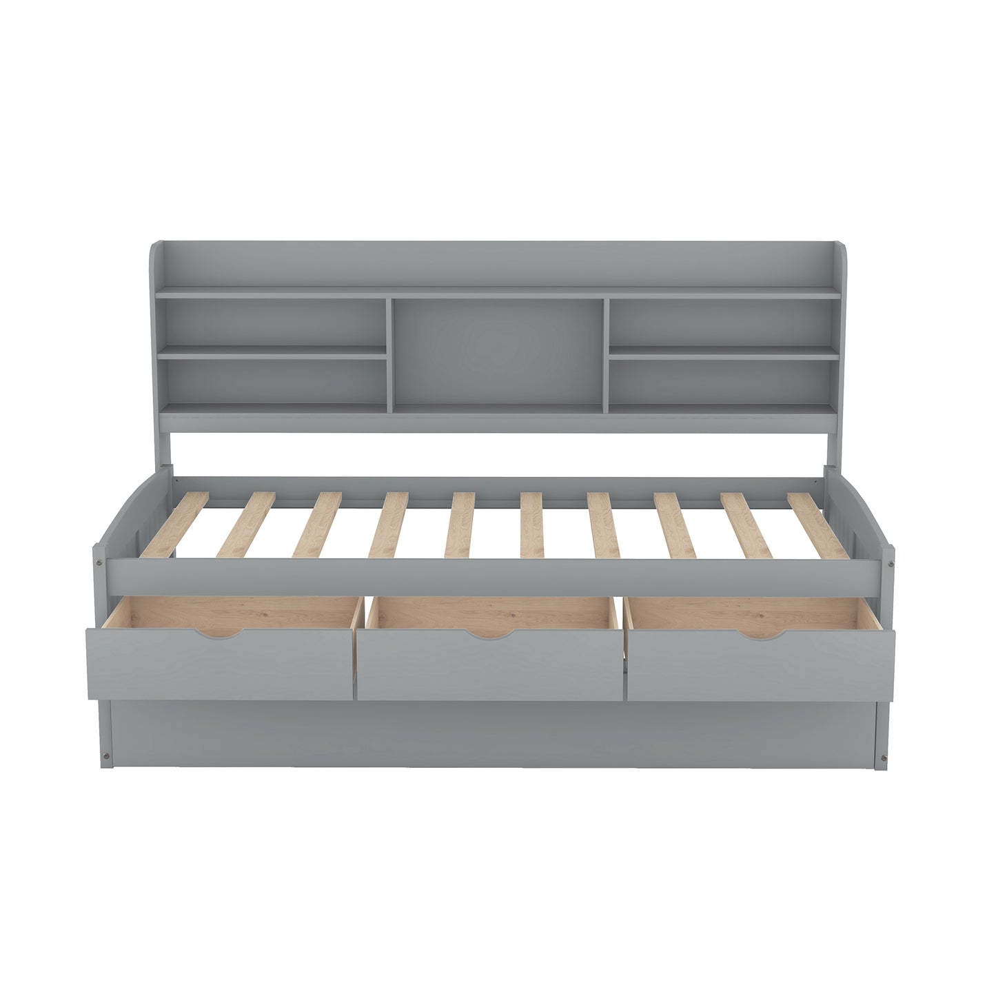 Gray daybed with three drawers and open shelves