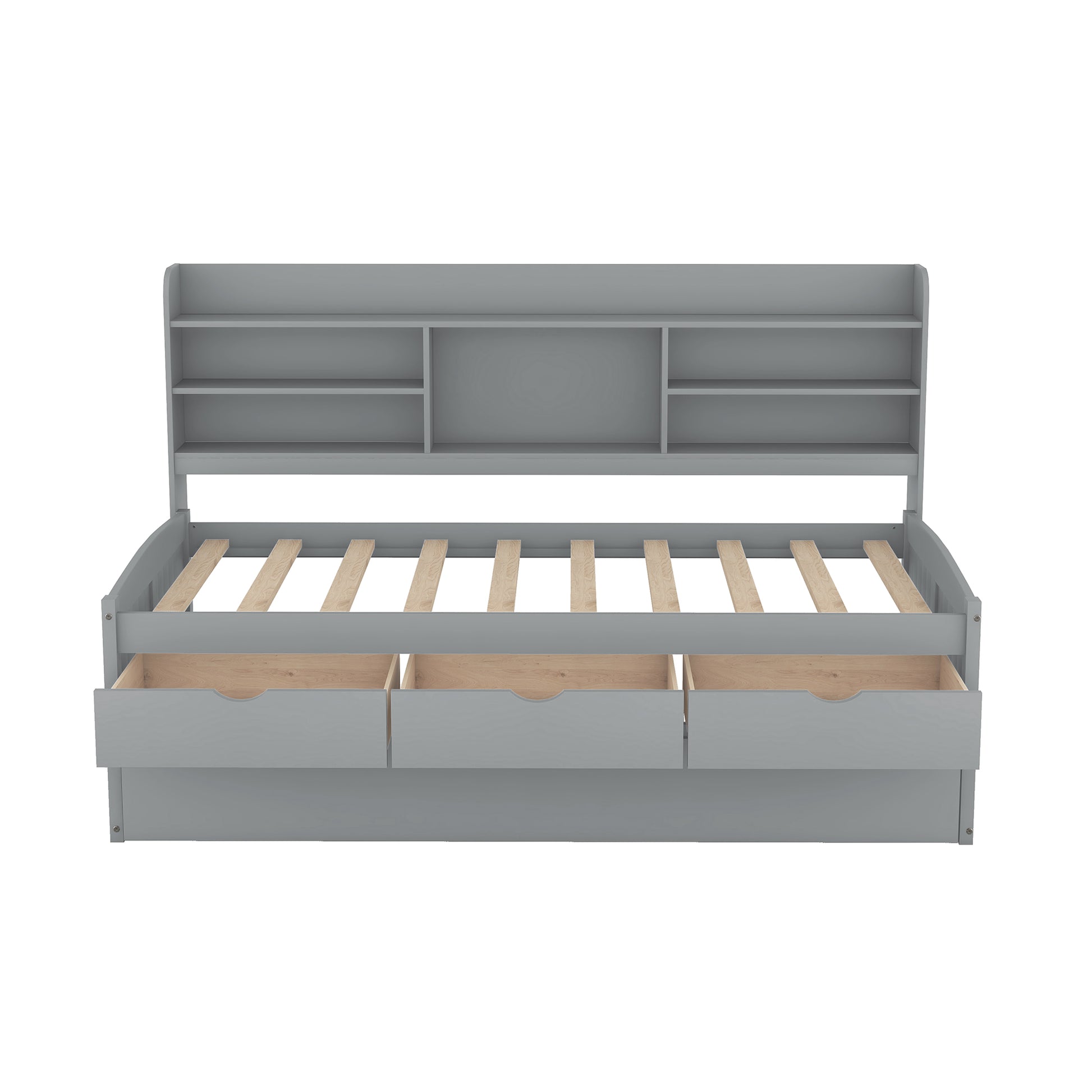 Gray daybed with three drawers and open shelves