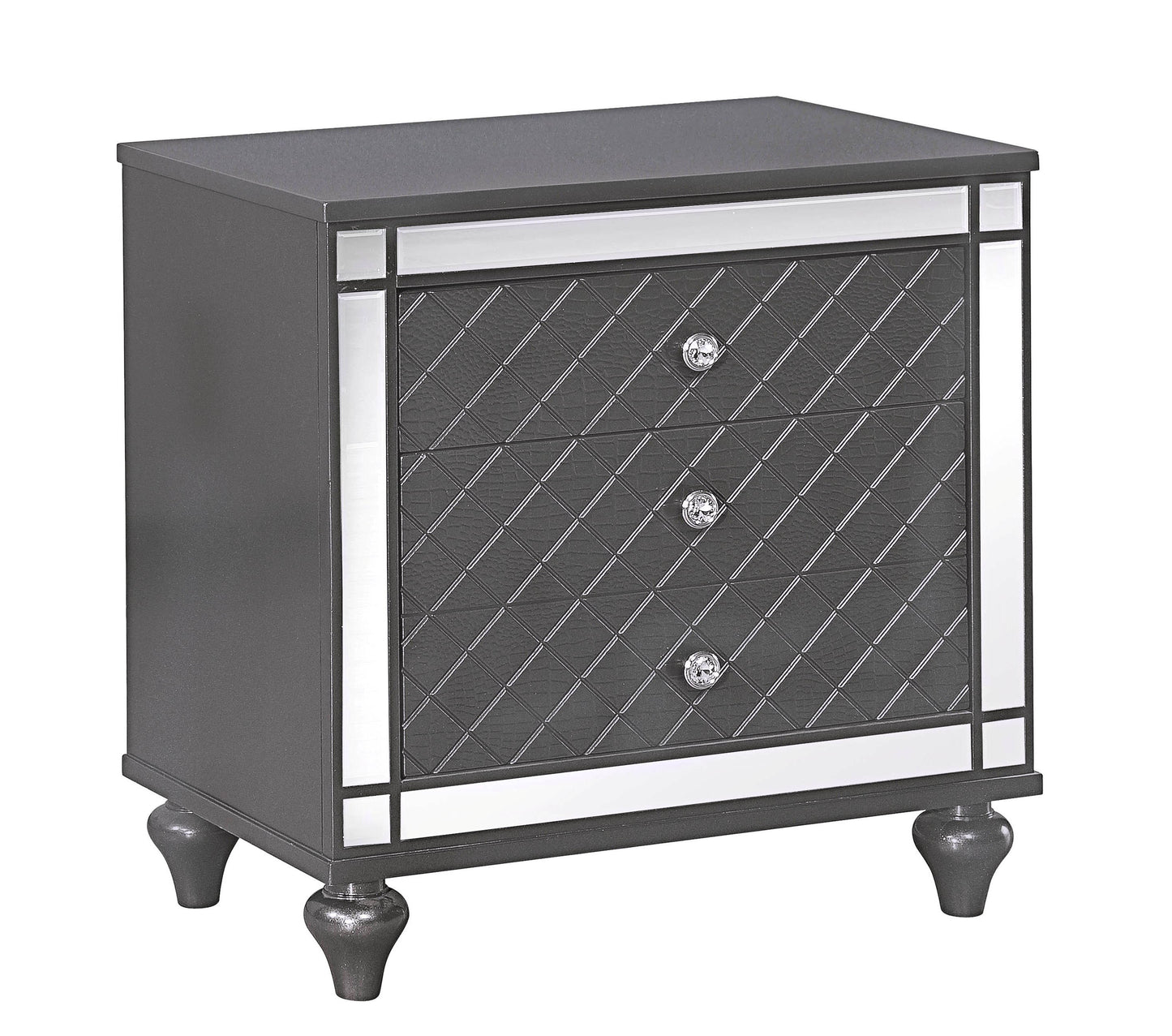 Glam dark gray nightstand with three diamondpatterned drawers and mirrored trim