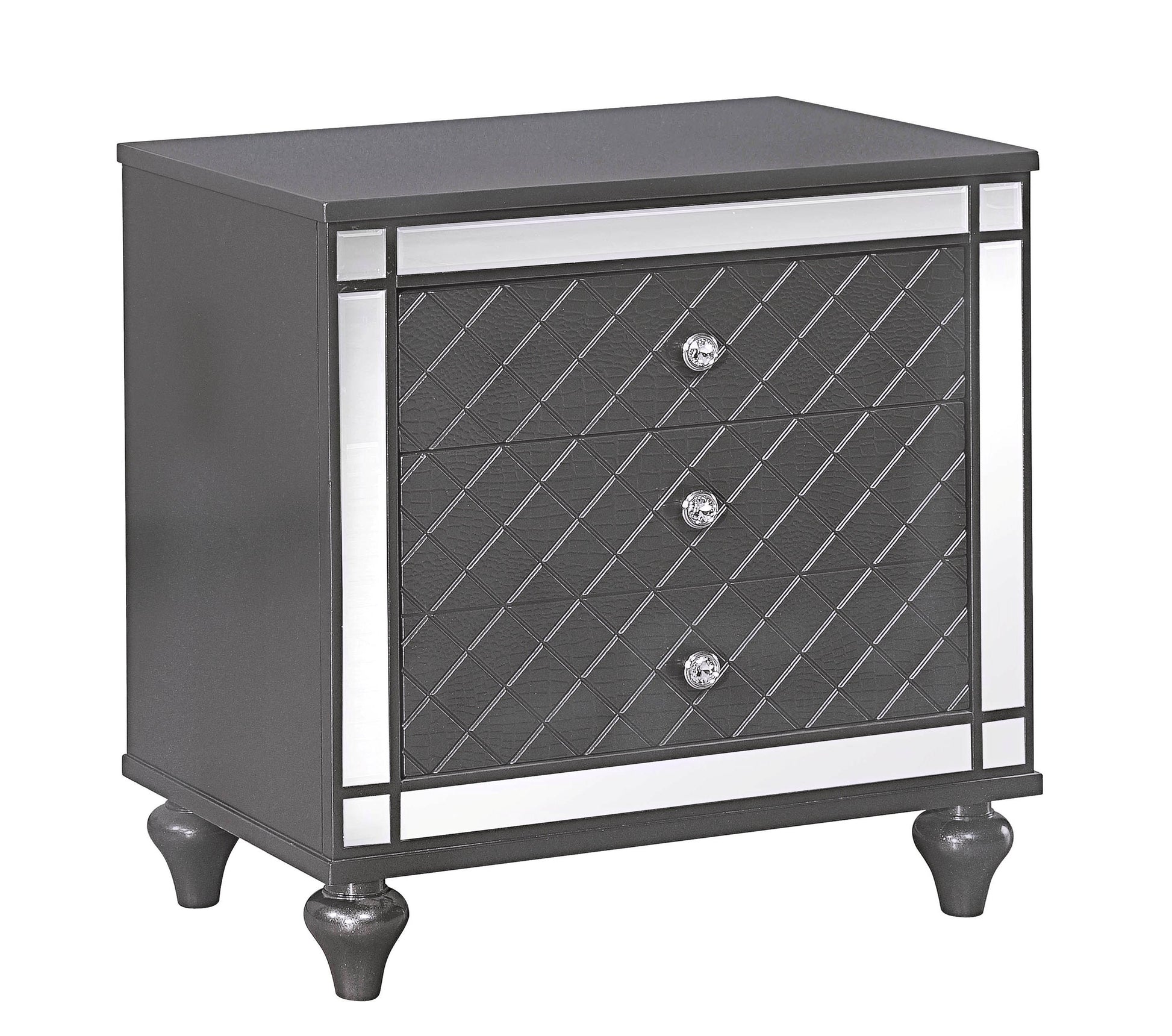 Glam dark gray nightstand with three diamondpatterned drawers and mirrored trim