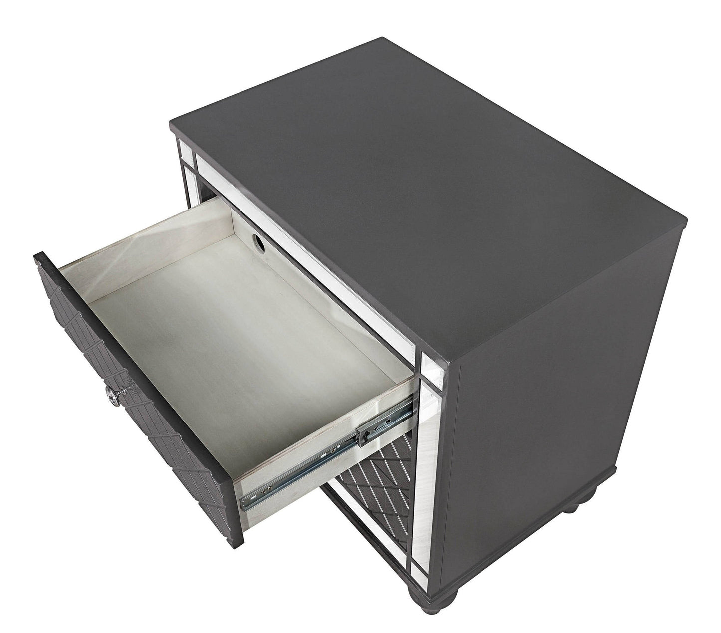 Dark gray mirrored nightstand with one open drawer revealing interior