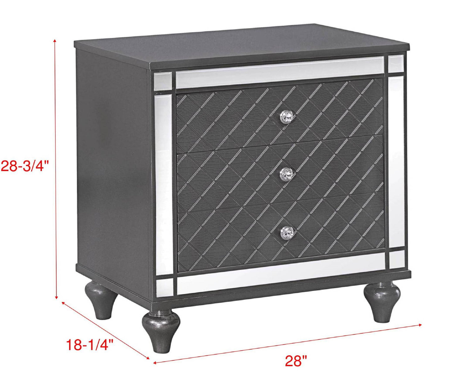 Dark gray mirrored nightstand with three diamondtufted drawers and crystal knobs