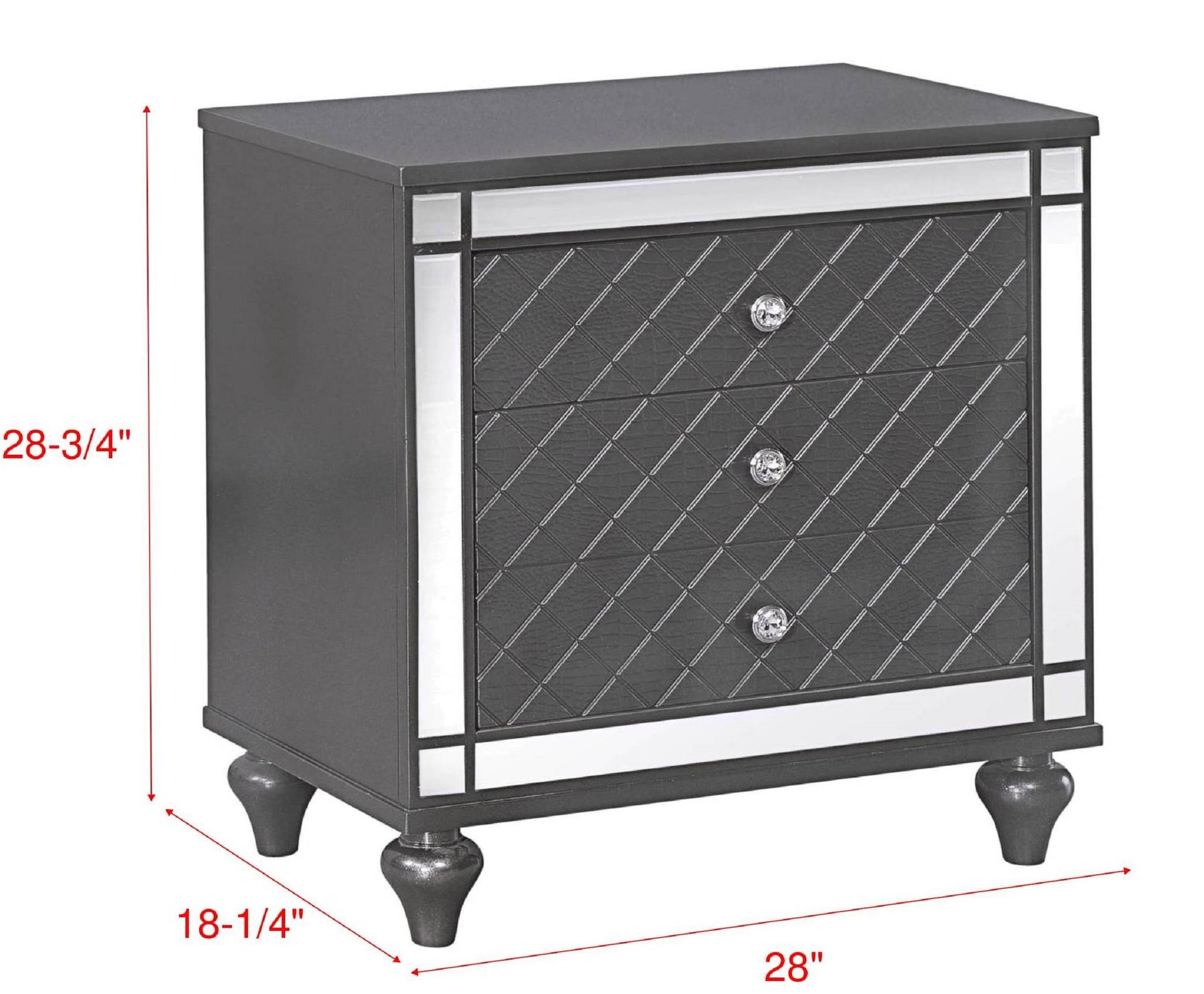 Dark gray mirrored nightstand with three diamondtufted drawers and crystal knobs