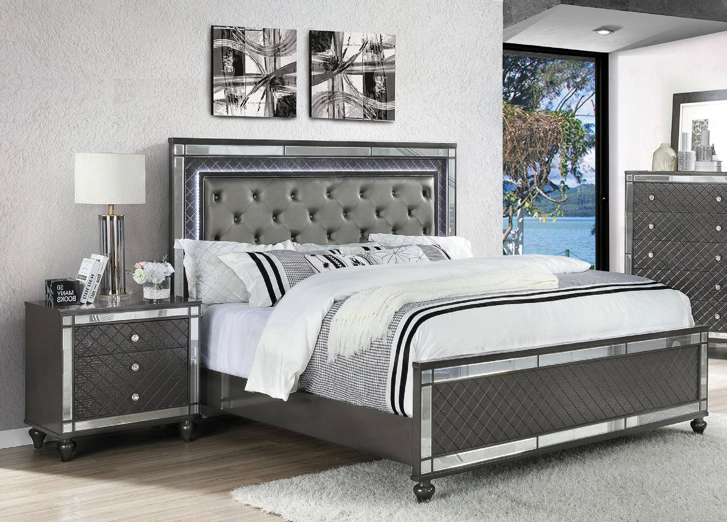 Grey tufted headboard with LED lights on a modern bed frame