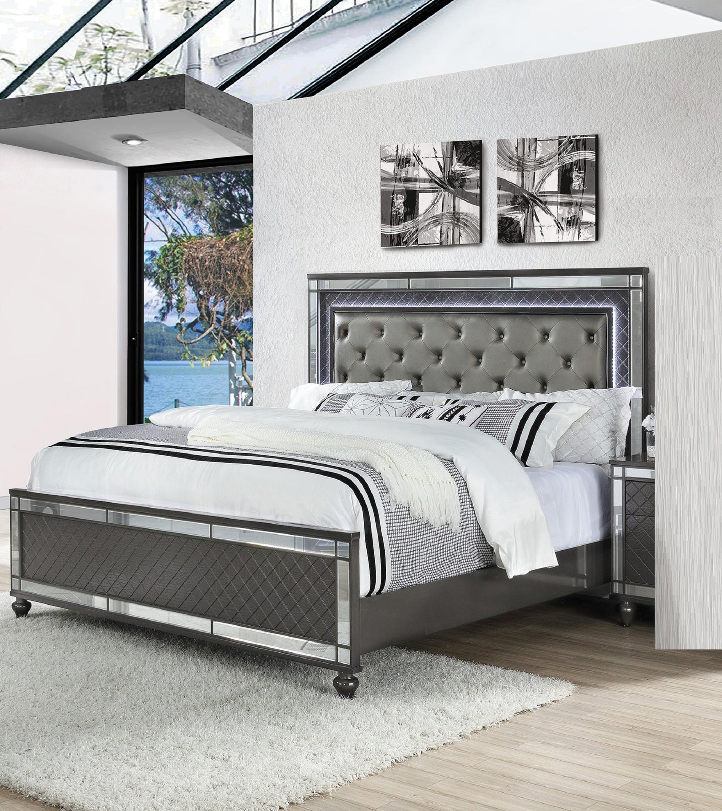Luxurious grey tufted headboard bed with mirrored accents and crystal buttons
