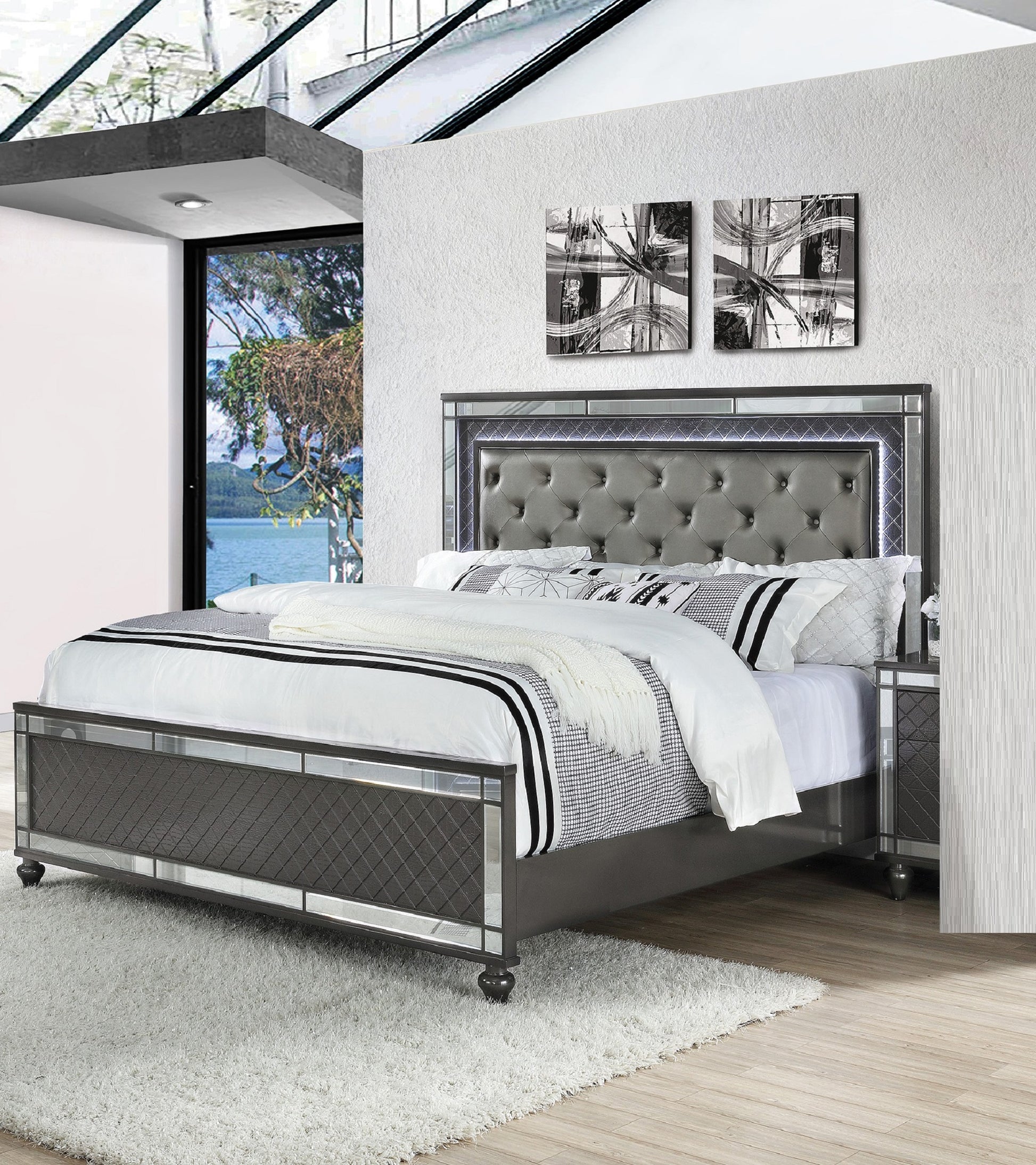 Luxurious grey tufted headboard bed with mirrored accents and crystal buttons