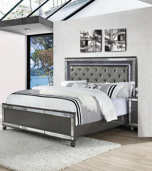 Luxurious grey tufted headboard bed with mirrored accents and crystal buttons