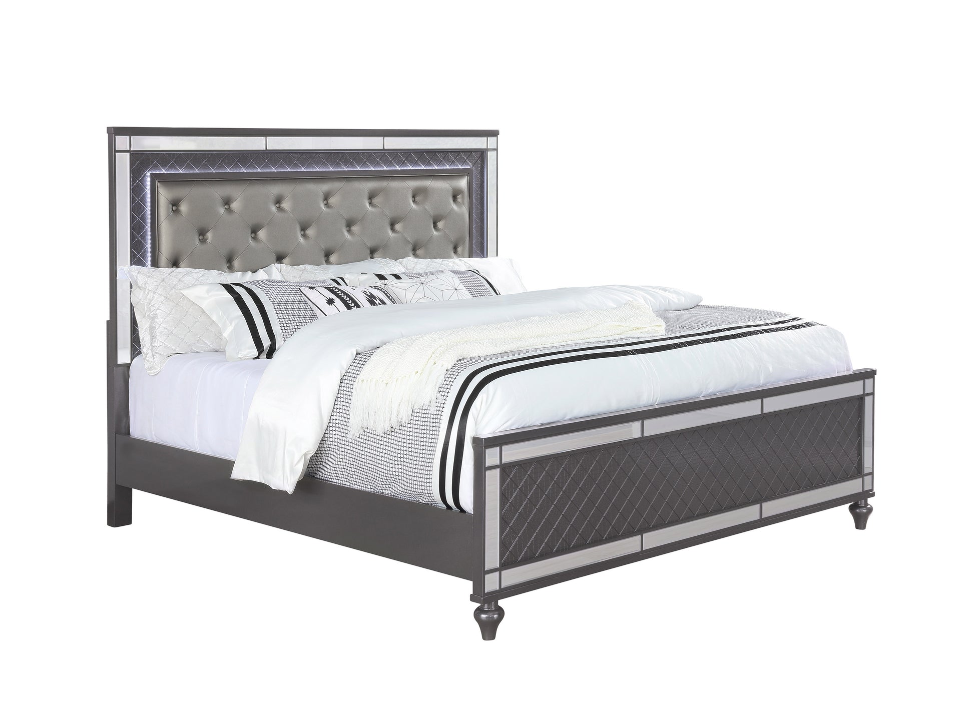 Gray tufted leather bed with LED headboard and mirrored accents
