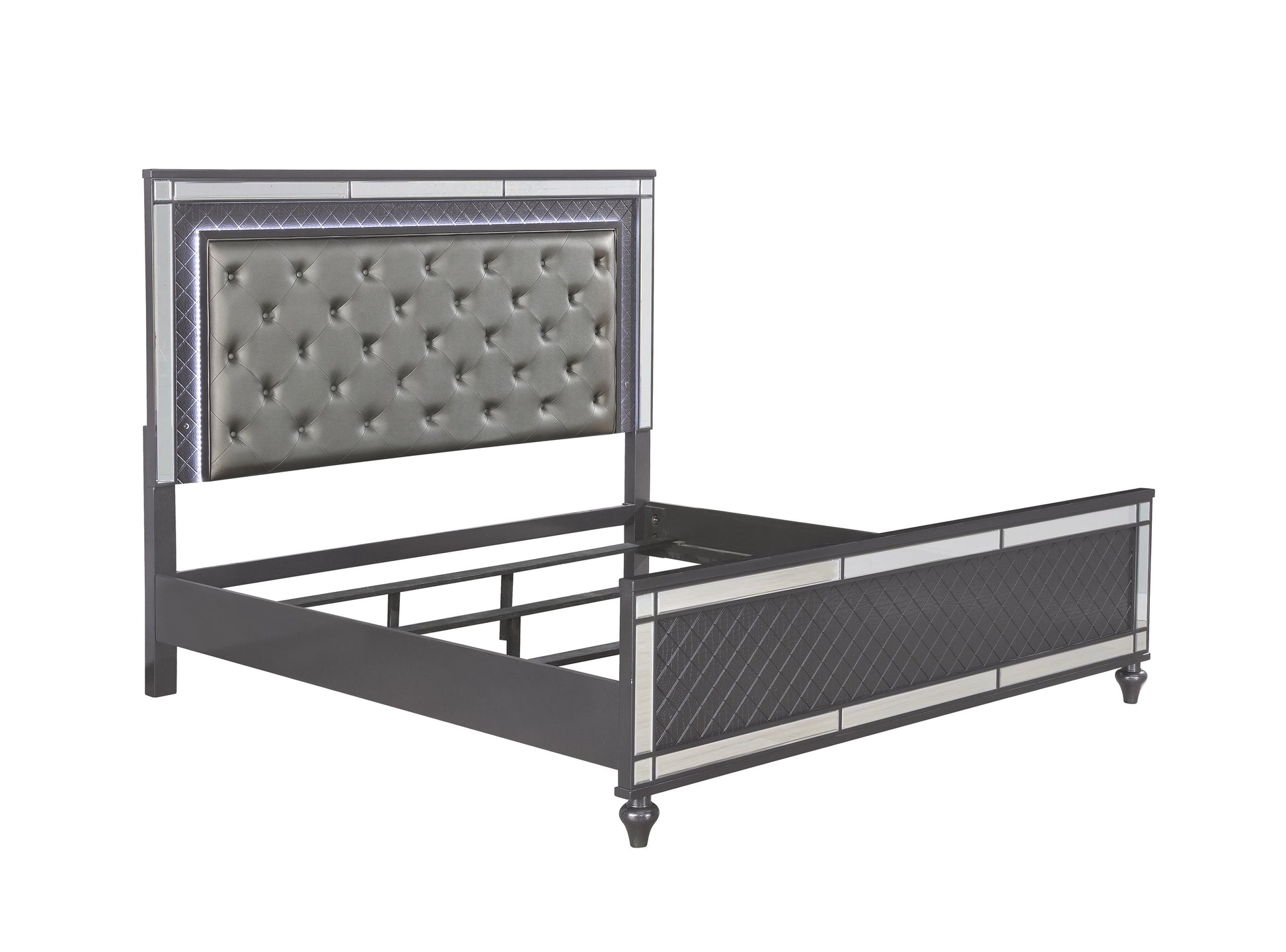 Tufted grey upholstered headboard on a dark grey bed frame with mirrored accents
