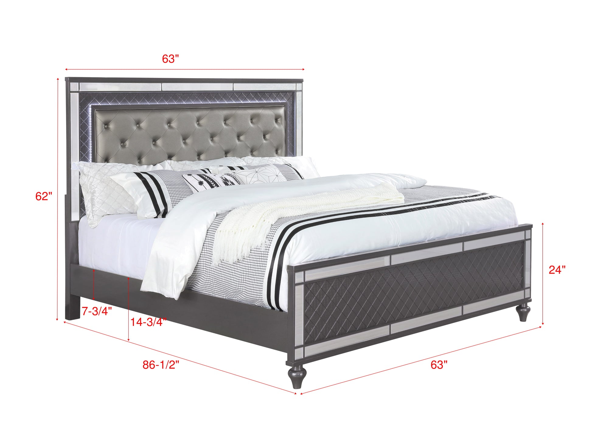 Tufted gray upholstered headboard with LED lights on a modern gray bed frame with mirrored accents