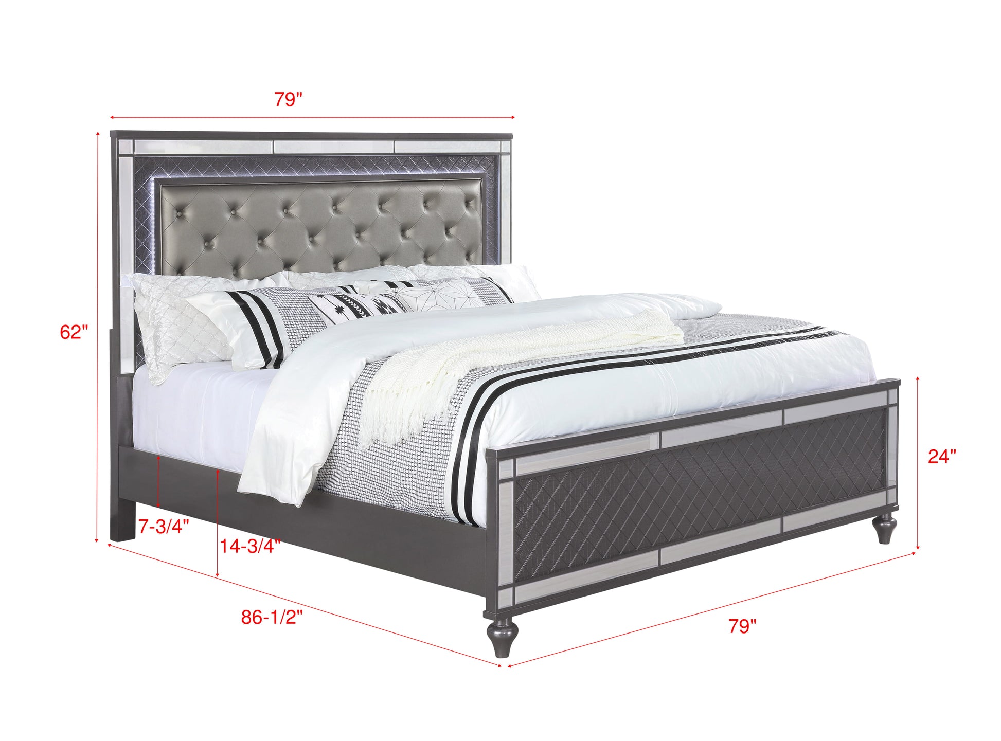 Tufted gray velvet king bed frame with mirrored accents and LED lighting
